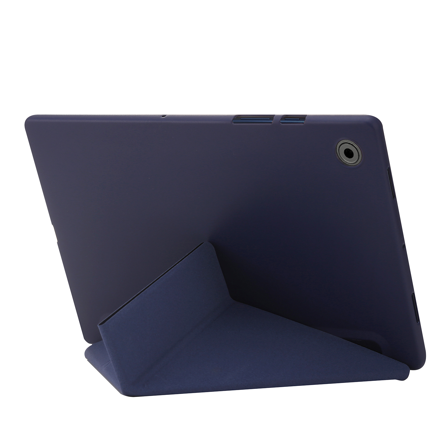 Dunkelblaue Tablethülle mit Ständer. Das Tablet ist angewinkelt, die Rückseite wird gezeigt.