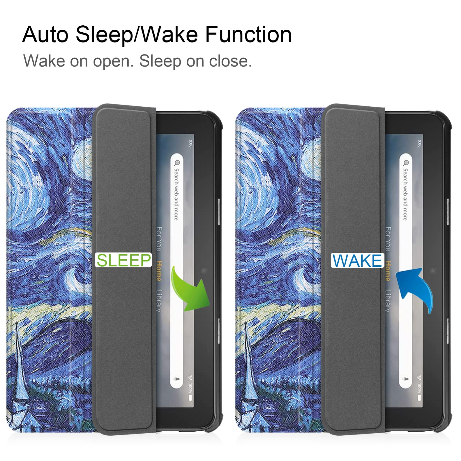 Zwei Tablet-Hüllen, eine offen und eine geschlossen. Die offene sagt 'Wake'.