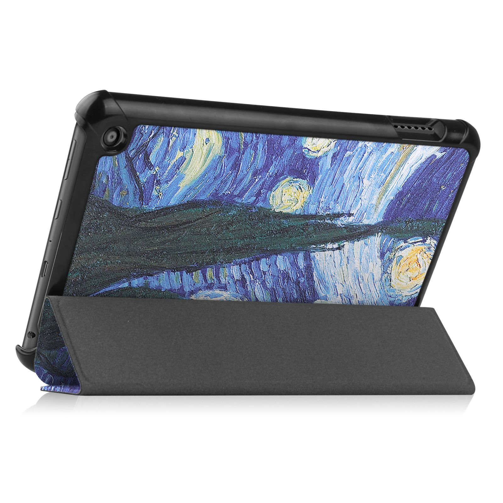 Tablet mit Van Gogh-Gemälde auf dem Cover, aufgestellt. Hintergrund: schwarzes Gehäuse, graue Oberfläche.