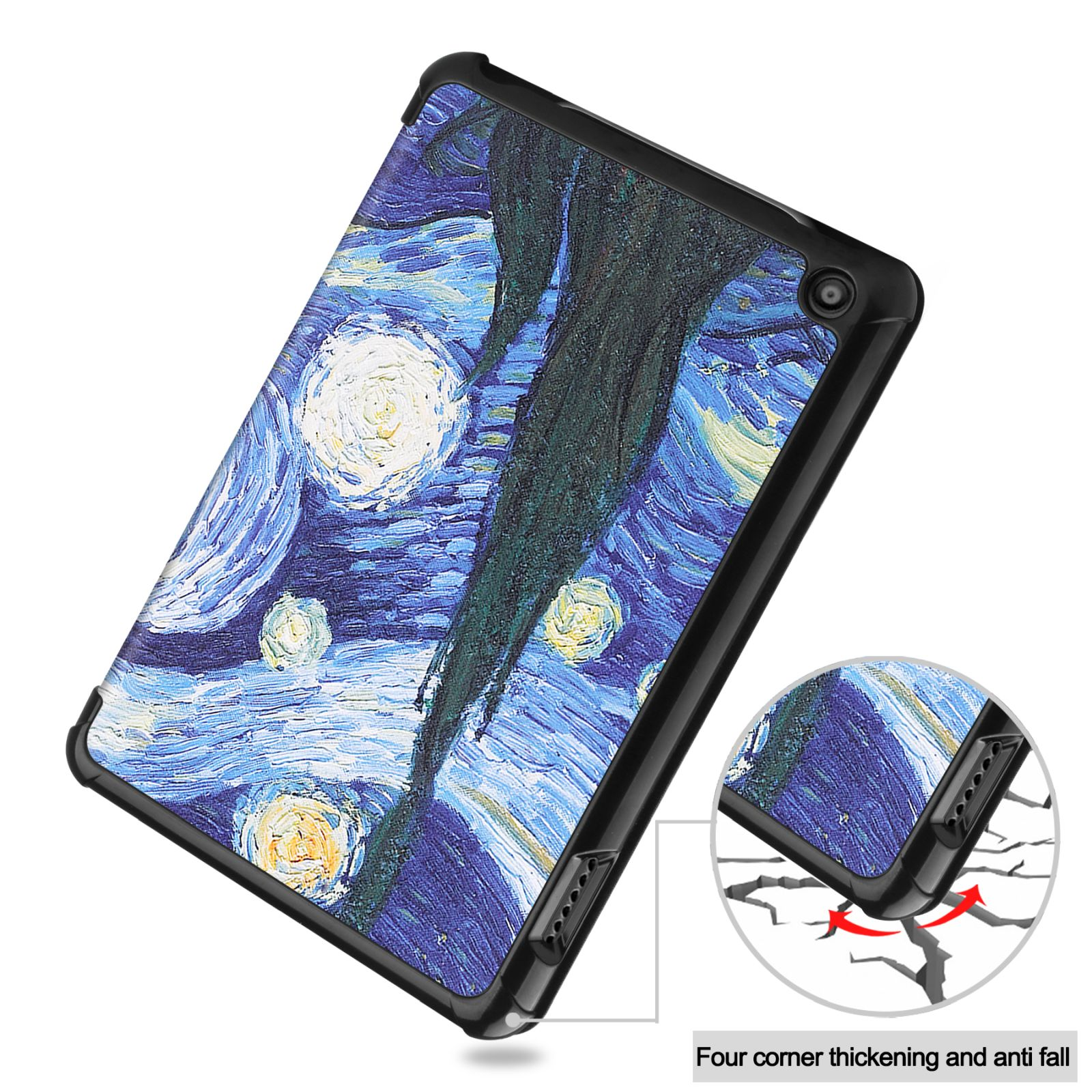 Tablet mit einer Hülle mit Sternennacht-Gemälde. Die Hülle ist geöffnet und zeigt ihre innere Struktur.