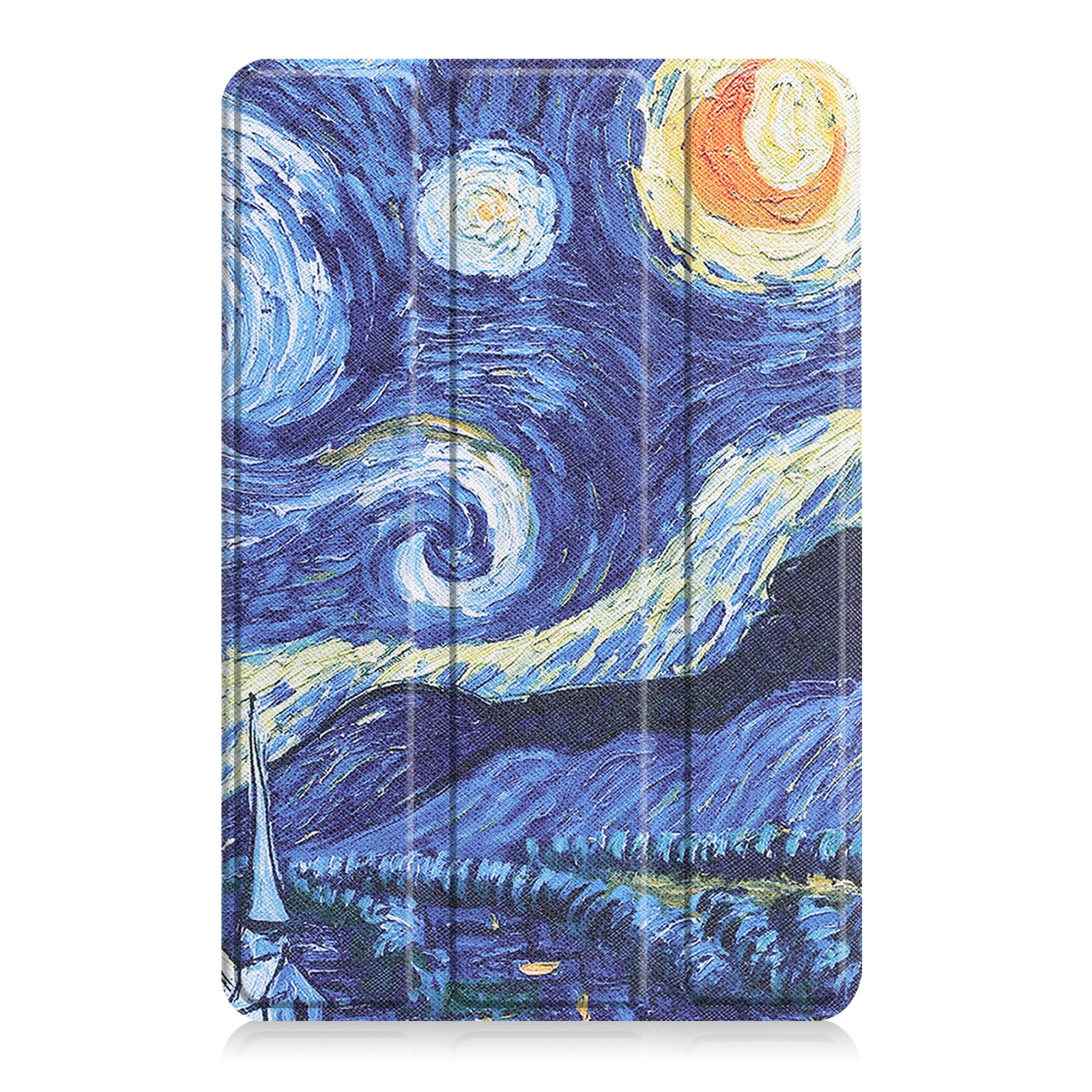 Tablet-Hülle mit Van Goghs 'Sternennacht'. Zeigt einen wirbelnden Himmel, Dorf mit Kirche und dunkle Berge.