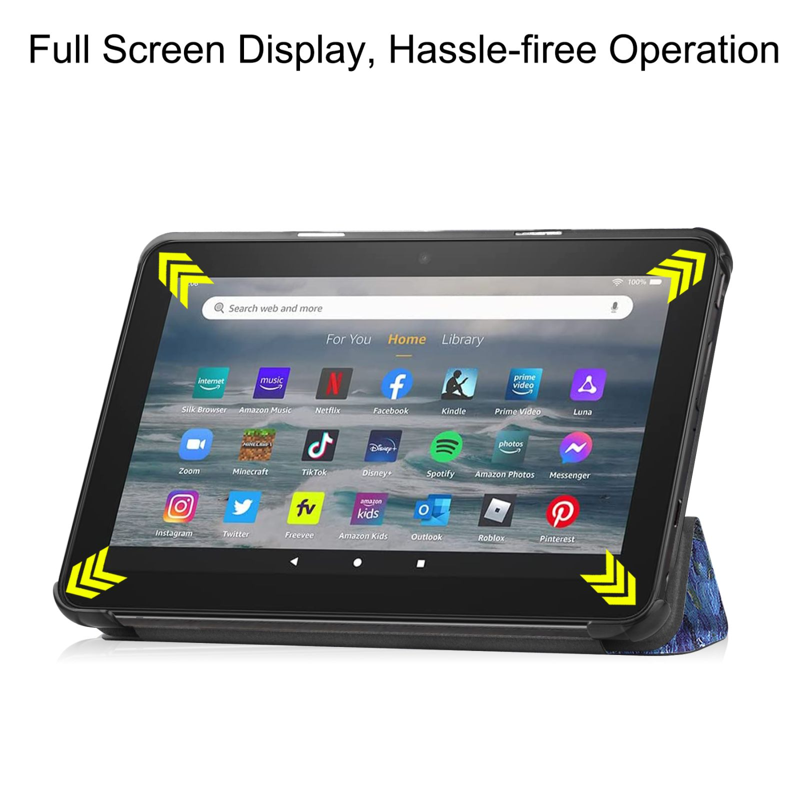 Tablet mit App-Symbolen, in schwarzem Gehäuse, mit Ständer. Weißer Hintergrund.