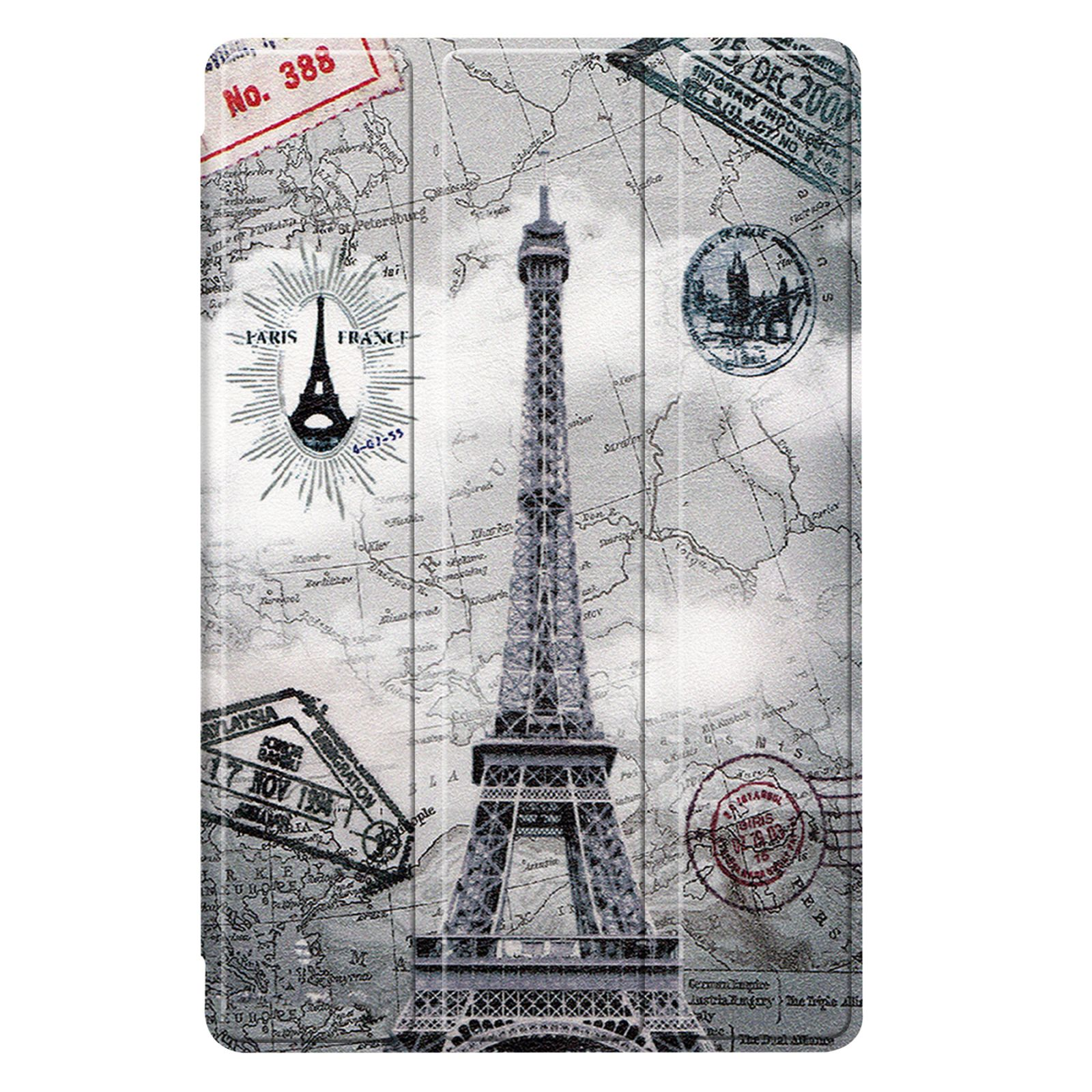 Tablet-Hülle mit Eiffelturm-Bild und Briefmarken.