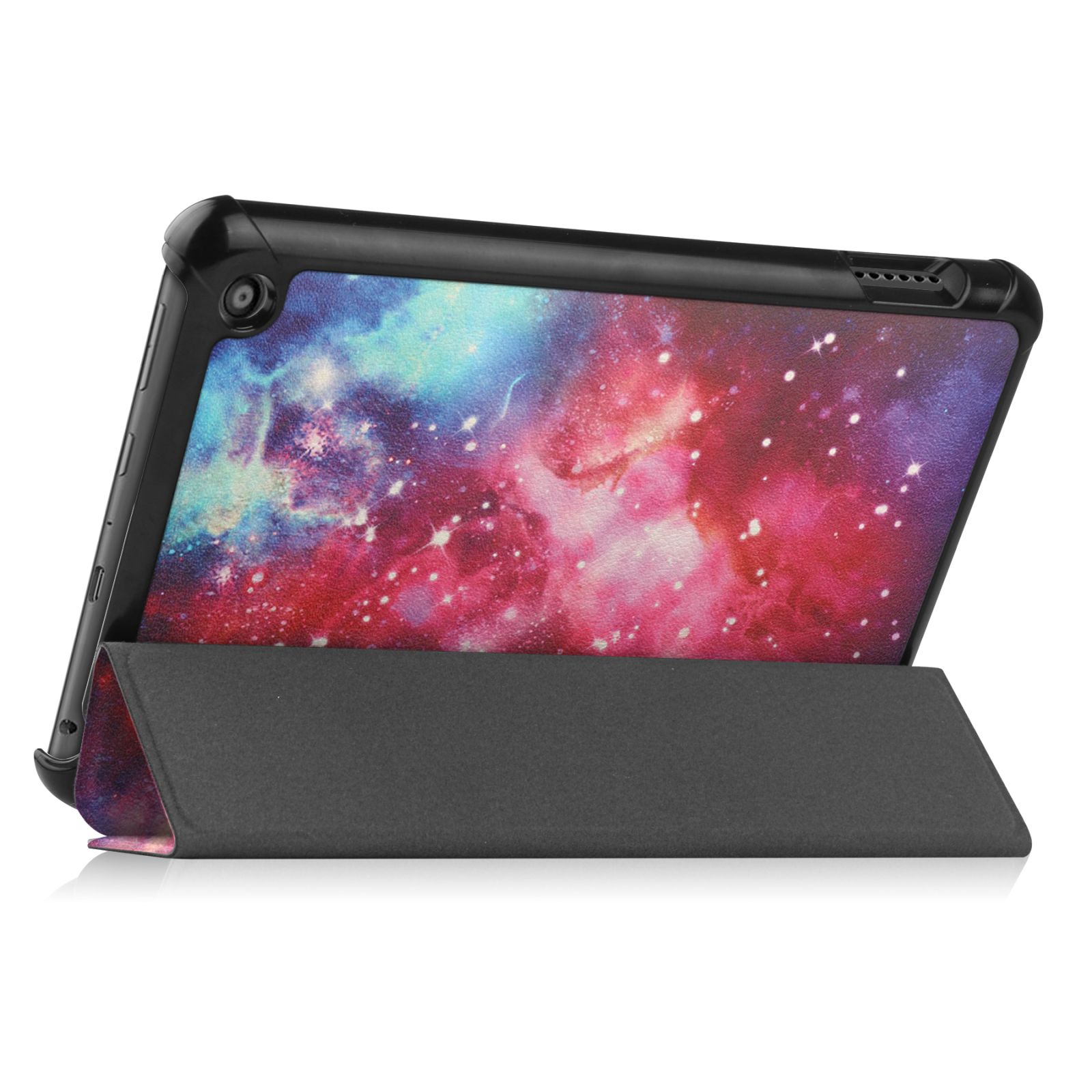 Ein Tablet in einer Hülle mit Galaxiedesign. Die Hülle ist gefaltet, um einen Ständer zu bilden.