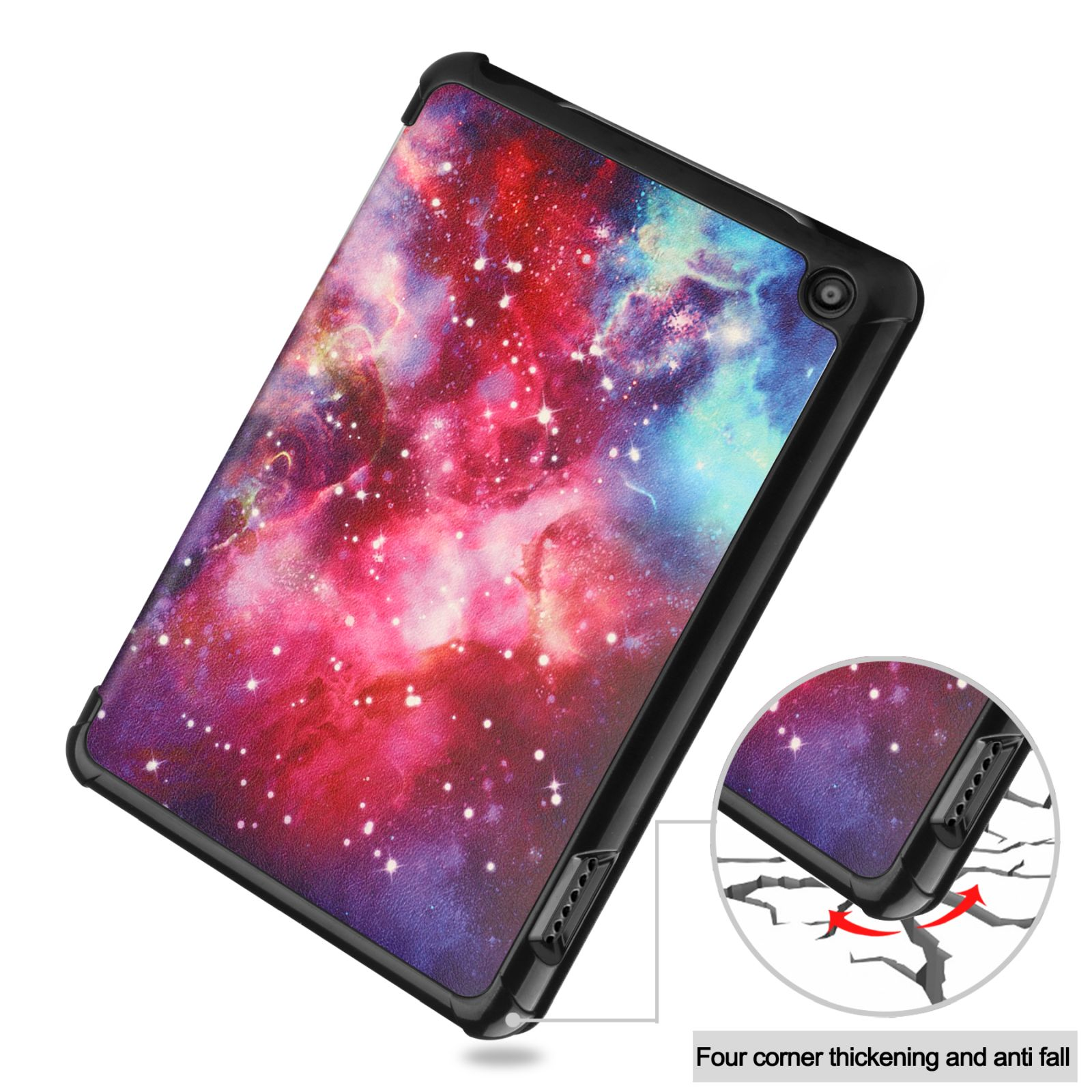 Tablet-Hülle mit Galaxy-Design. Zeigt ein Eckdetail mit Sturzschutz.
