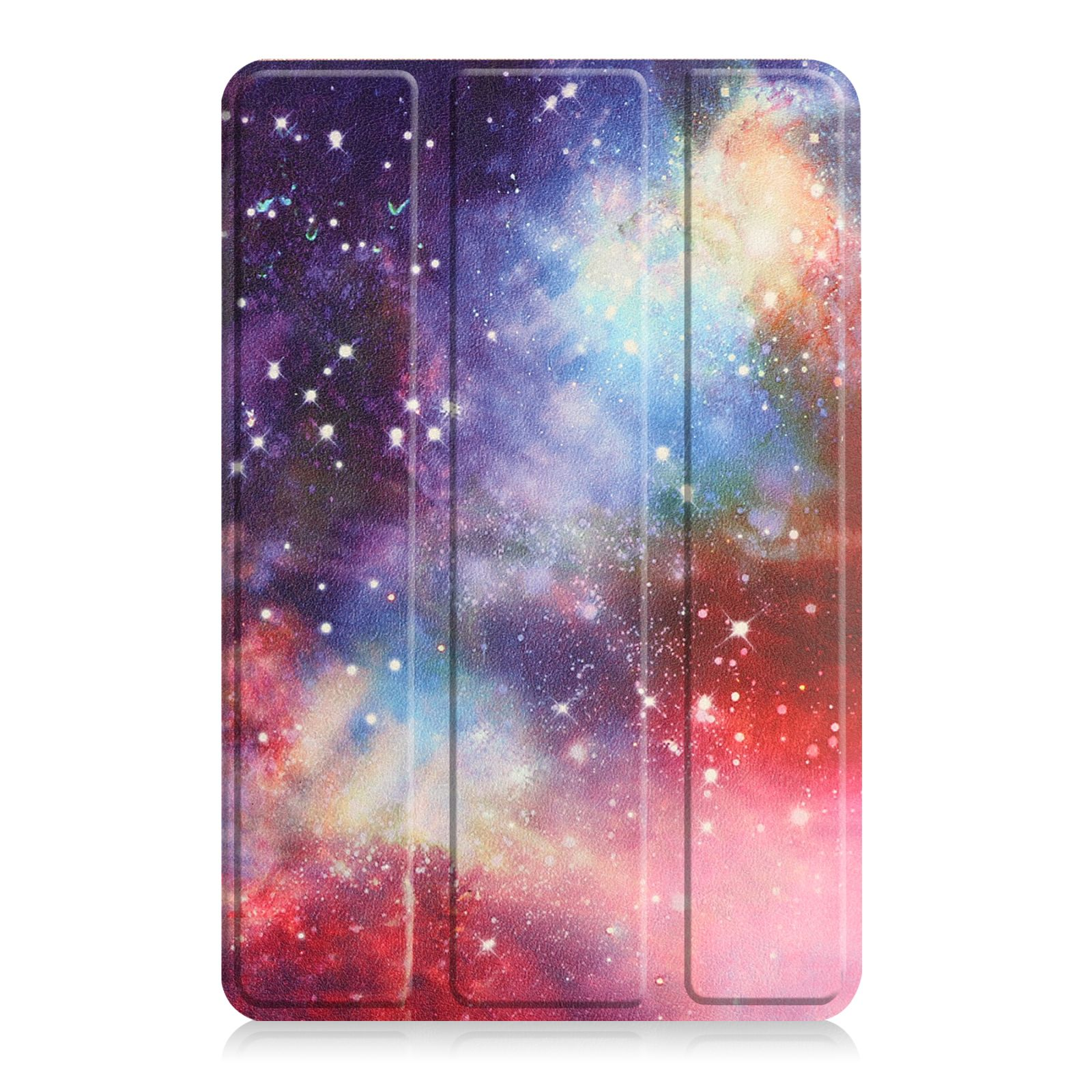 Tablethülle mit Galaxie-Design. Das Gehäuse hat ein farbenfrohes Weltraum-Muster.