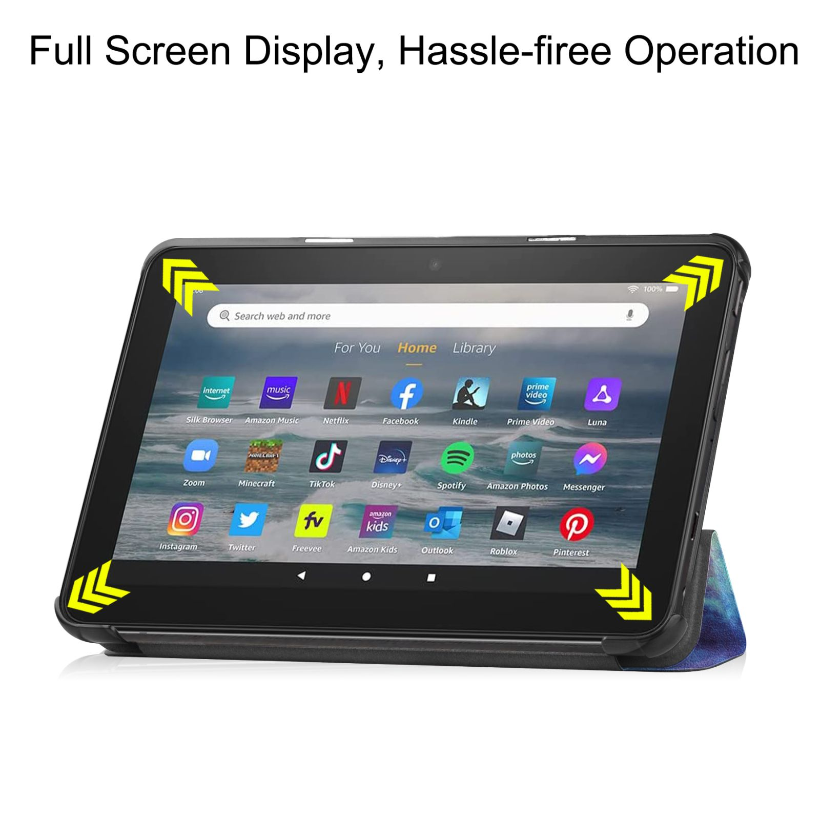 Schwarzes Tablet mit Symbolen auf dem Bildschirm, in einem Gehäuse, mit Pfeilen an den Ecken.