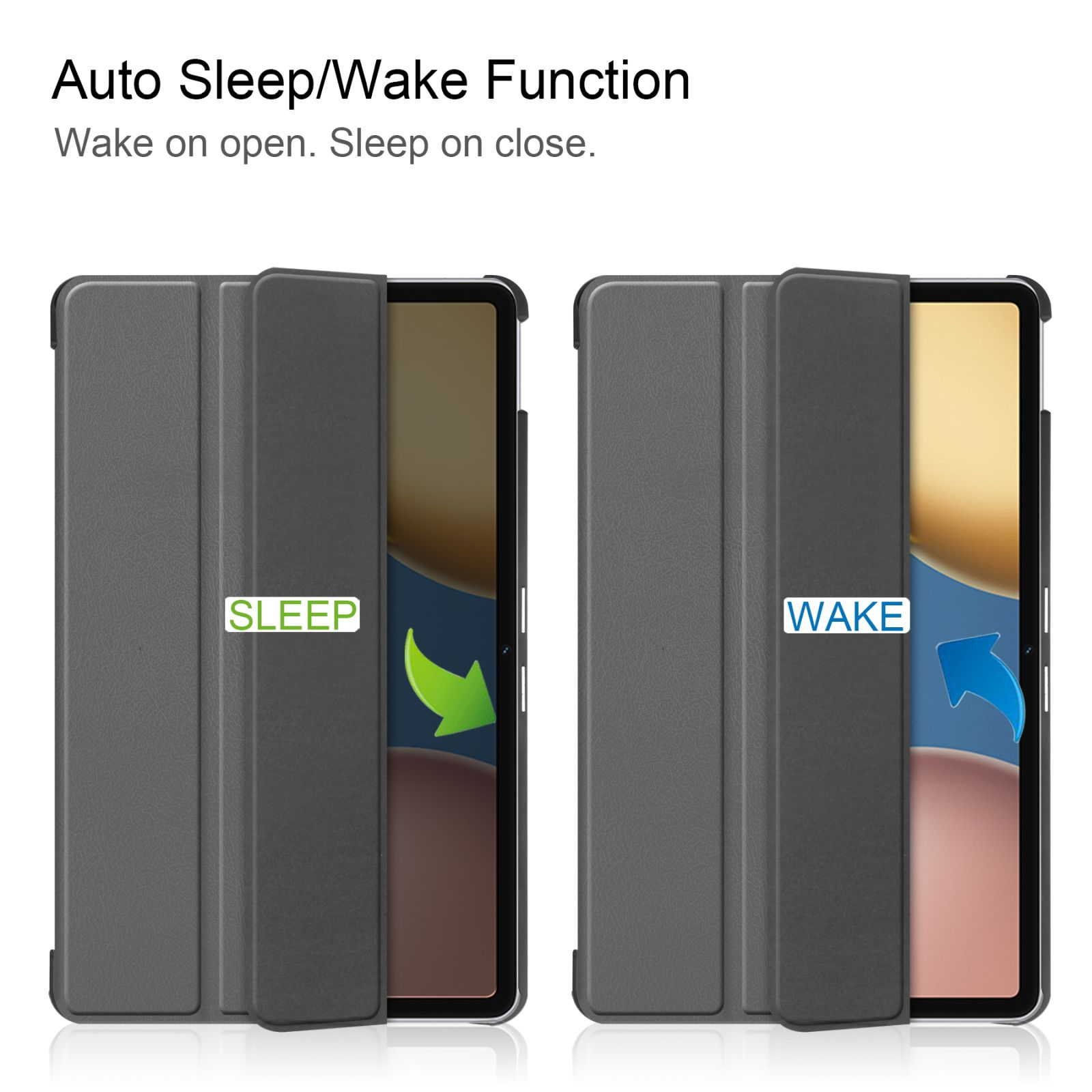 Zwei Tablethüllen zeigen offene und geschlossene Positionen. Text zeigt 'Sleep' beim Schließen und 'Wake' beim Öffnen.