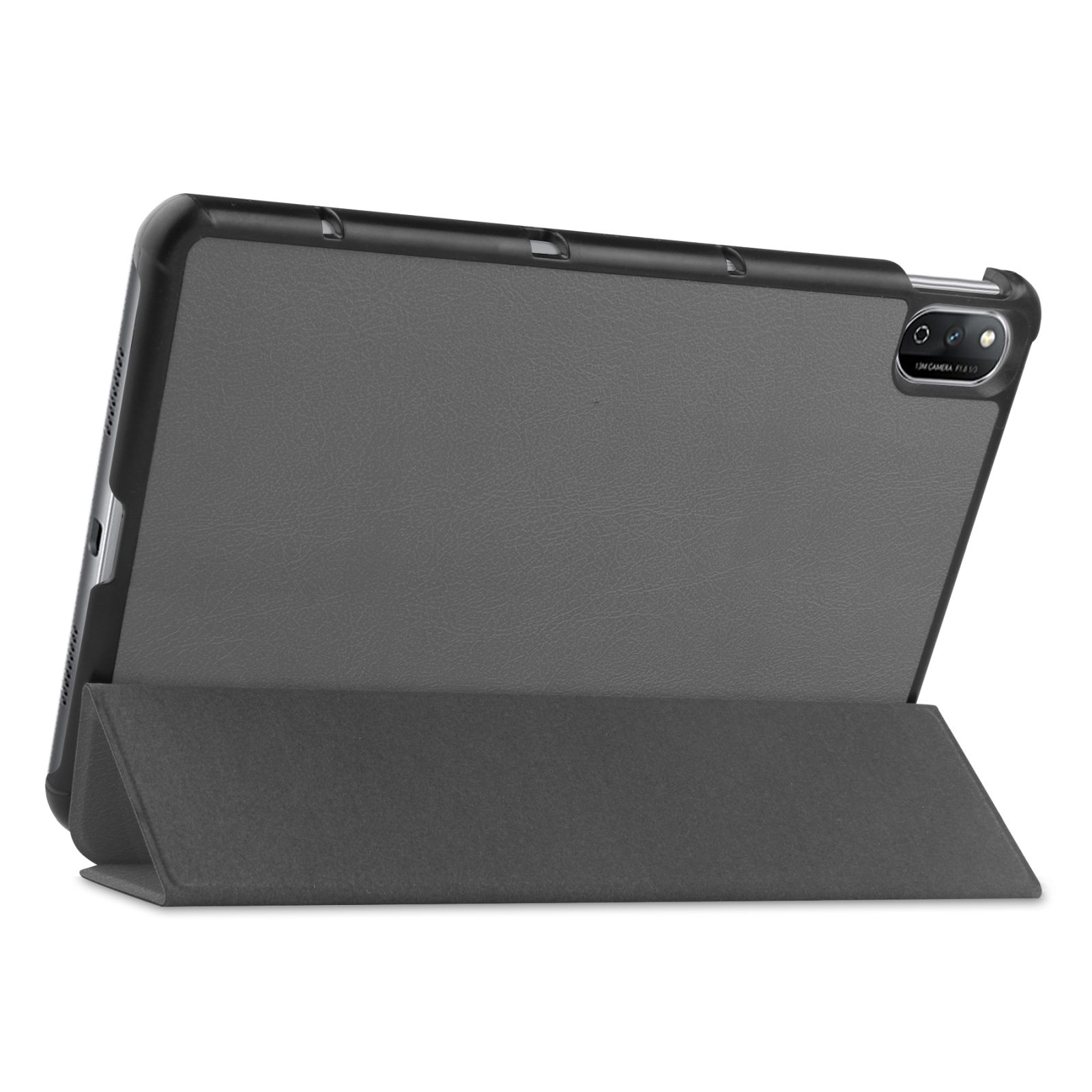 Graue Tablethülle mit aufgestelltem Tablet. Die Hülle ist gefaltet, um das Tablet zu stützen.