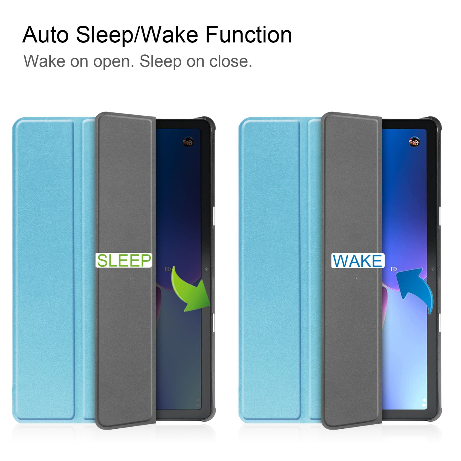 Tablethülle, offene und geschlossene Ansichten. Blaue Hülle, graue Klappe, mit 'SLEEP' und 'WAKE'. Pfeile zeigen.