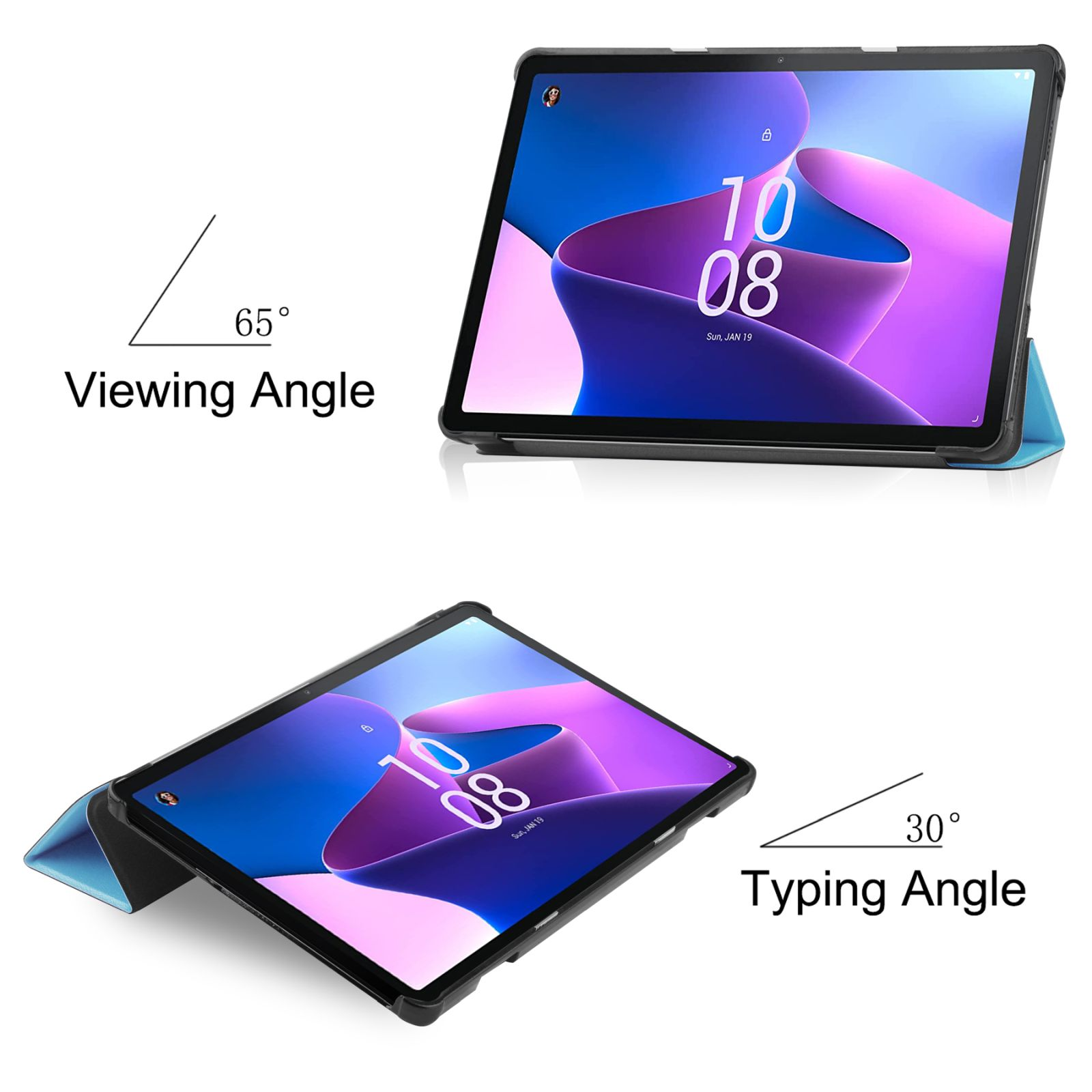 Zwei Tablets mit Hüllen. Eins zeigt den Betrachtungs- und das andere den Tippwinkel.