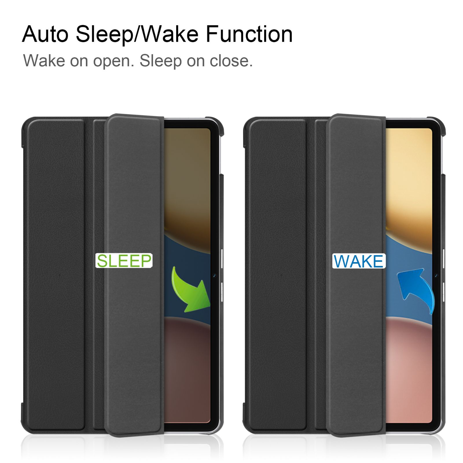 Schwarze Tablet-Hülle mit Graffiti-Kunst. Sleep/Wake-Funktion mit Pfeilen, die die Öffnungs-/Schließpositionen anzeigen.