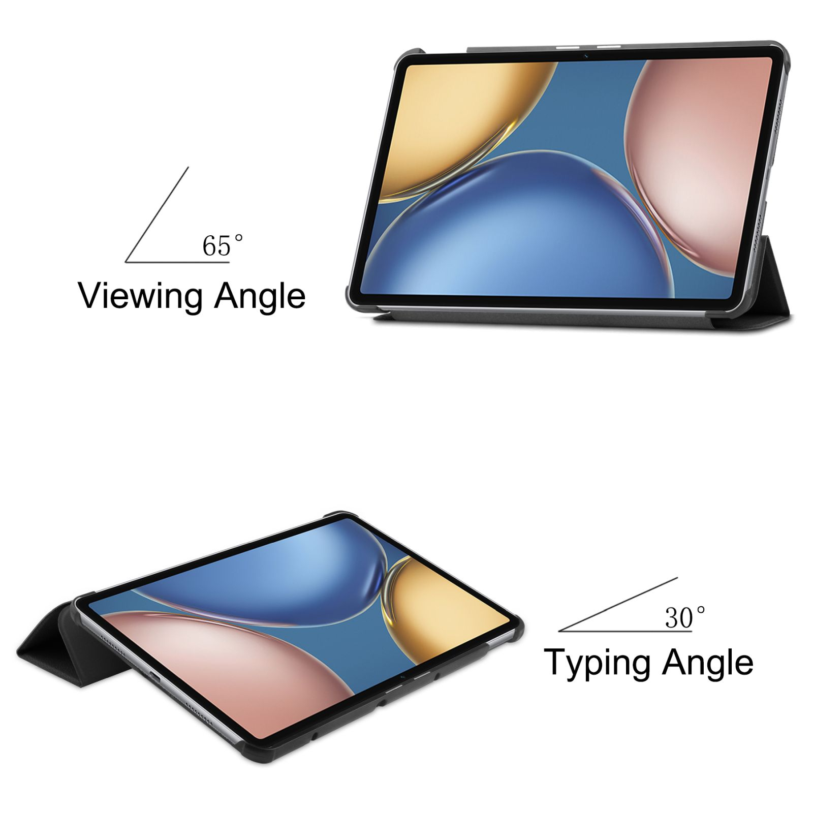 Tablet in einer Hülle mit Informationen zum Betrachtungs- und Tippwinkel. Der Betrachtungswinkel beträgt 65 Grad, der Tippwinkel 30.