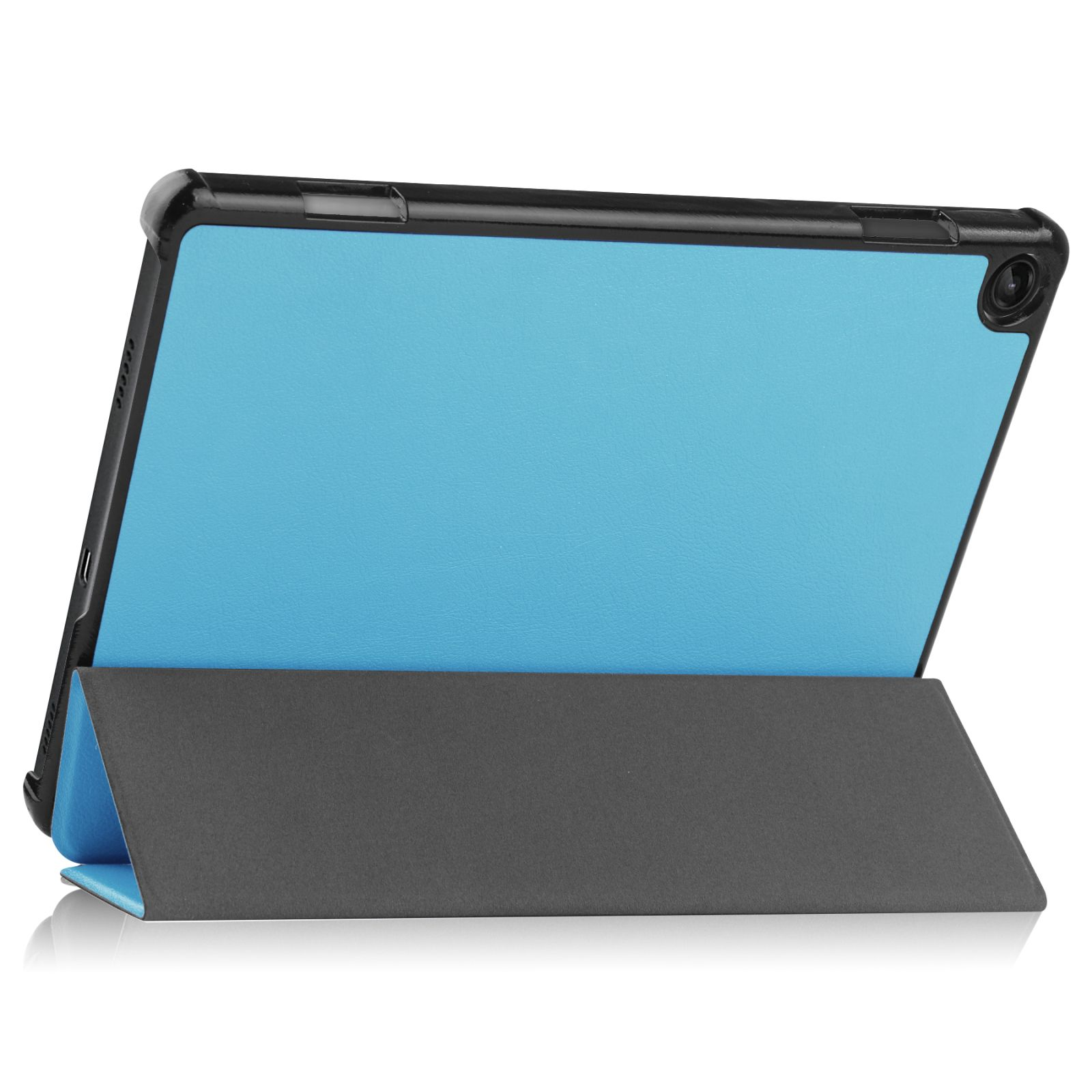 Blaue Tablet-Hülle mit schwarzem Rand. Die Hülle ist offen und hat einen Ständer. Das Tablet wird angezeigt.