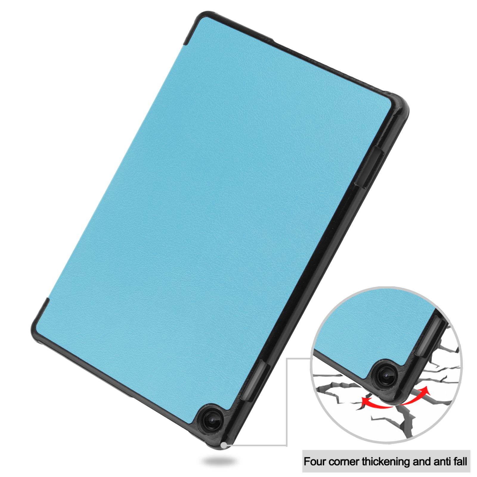 Blaue Tablet-Hülle mit schwarzem Rand. Das Bild zeigt den Eckenschutz.