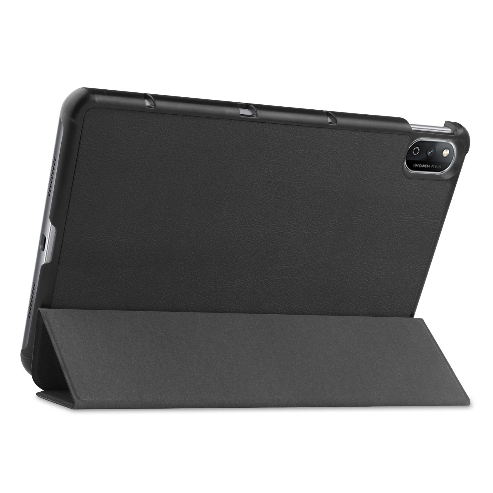 Schwarze Tablethülle mit Ständer. Der Ständer stützt das Tablet. Die Hülle ist lederartig.
