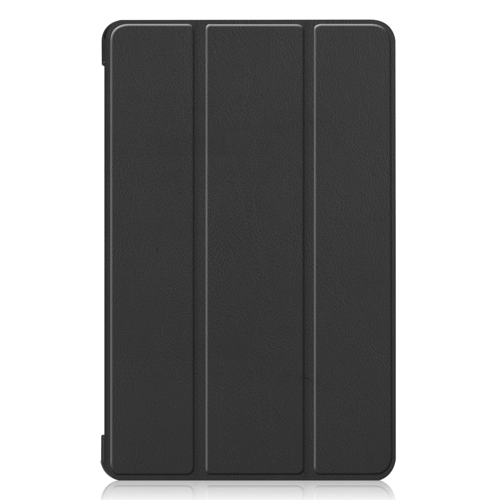 Eine schwarze Tablet-Hülle mit lederartiger Textur, geschlossen.