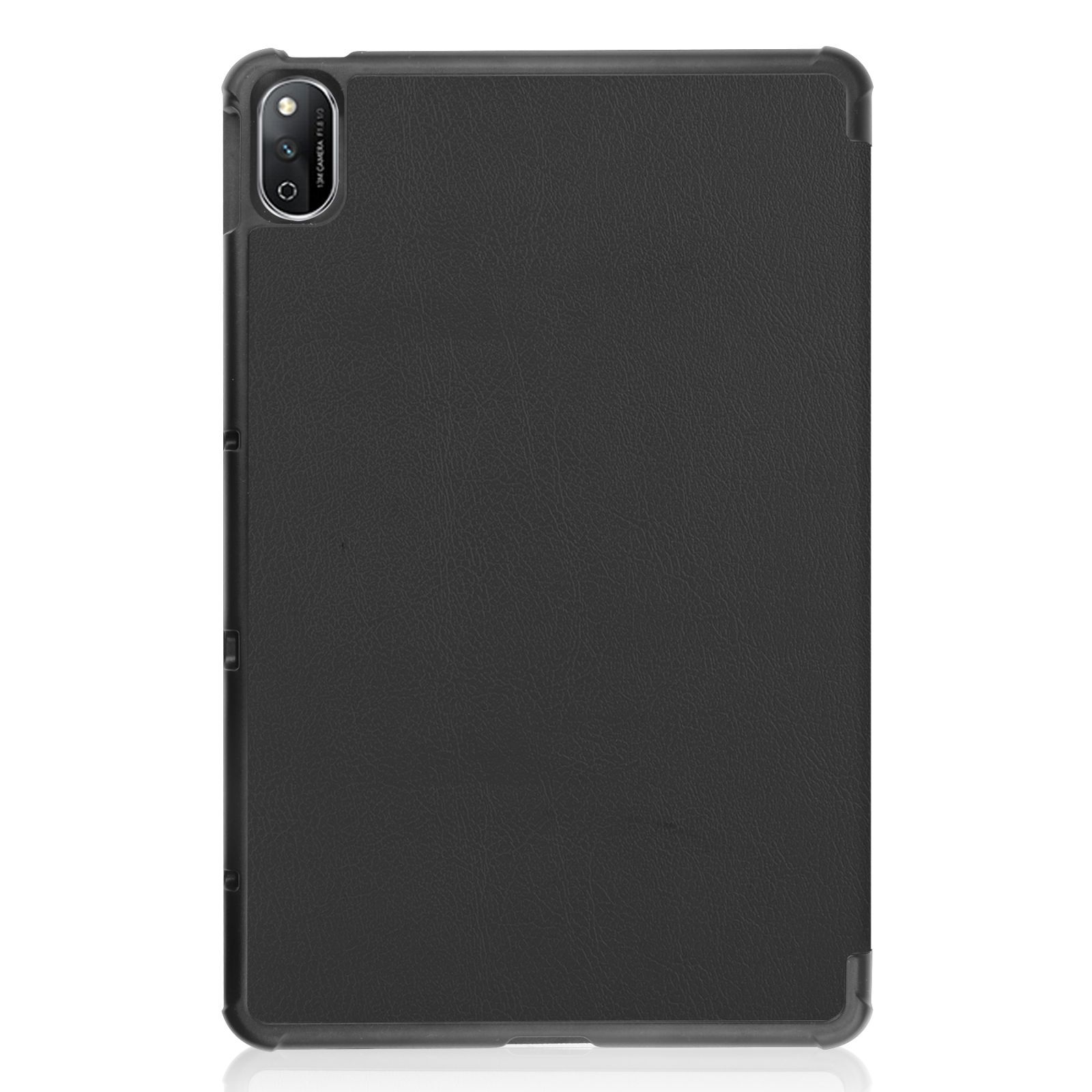 Schwarzes Tablet in einer Hülle. Die Hülle ist geschlossen. Die Rückseite hat eine Kamera und eine strukturierte Oberfläche.