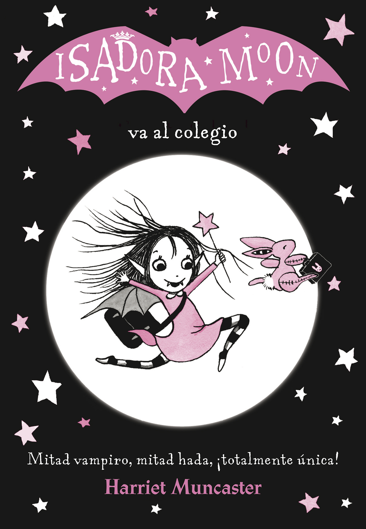 Portada del libro Isadora Moon. Una niña con una varita mágica, un conejito y texto sobre un fondo negro.