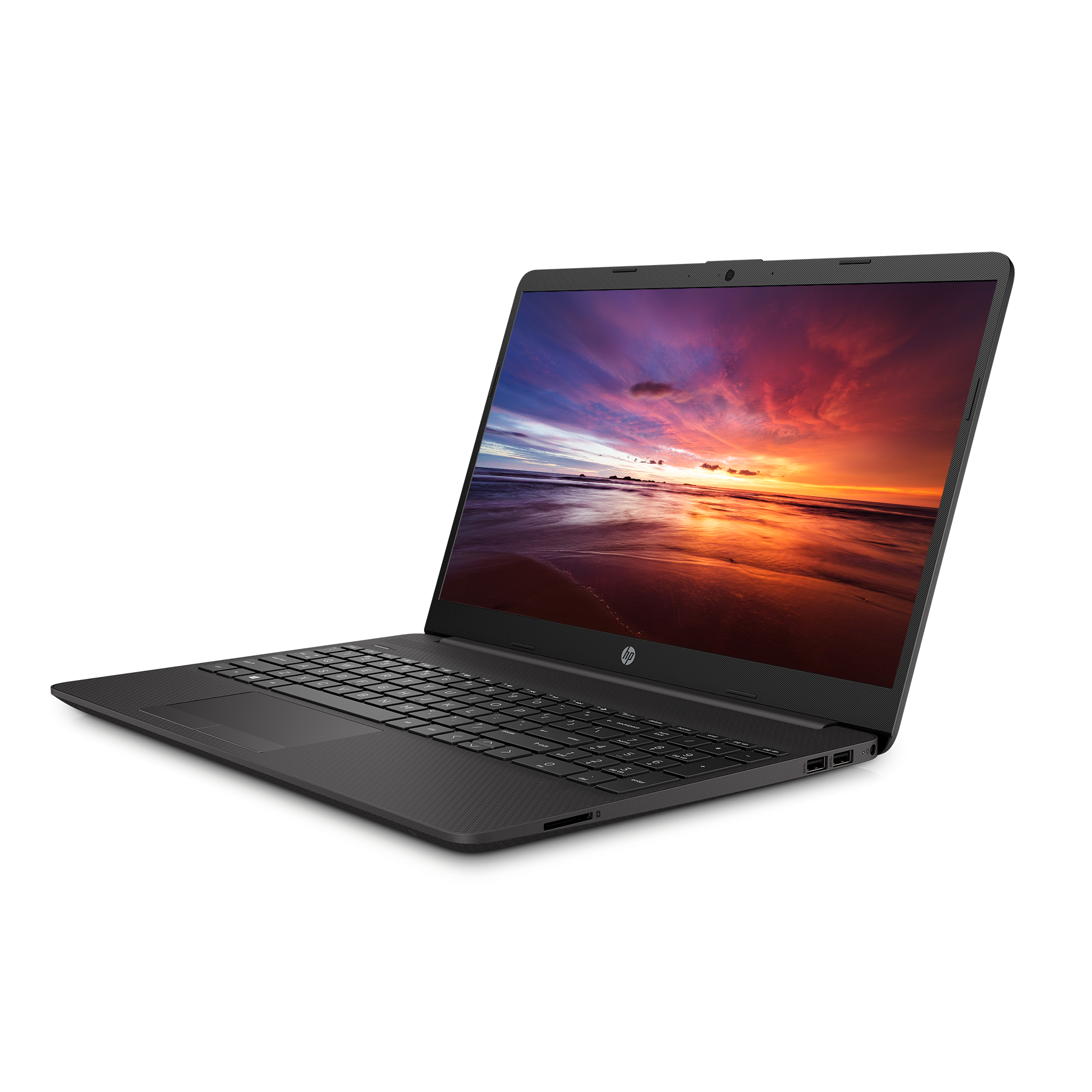 Ein schwarzer Laptop, der eine farbenfrohe Sonnenuntergangsszene auf seinem Bildschirm anzeigt.