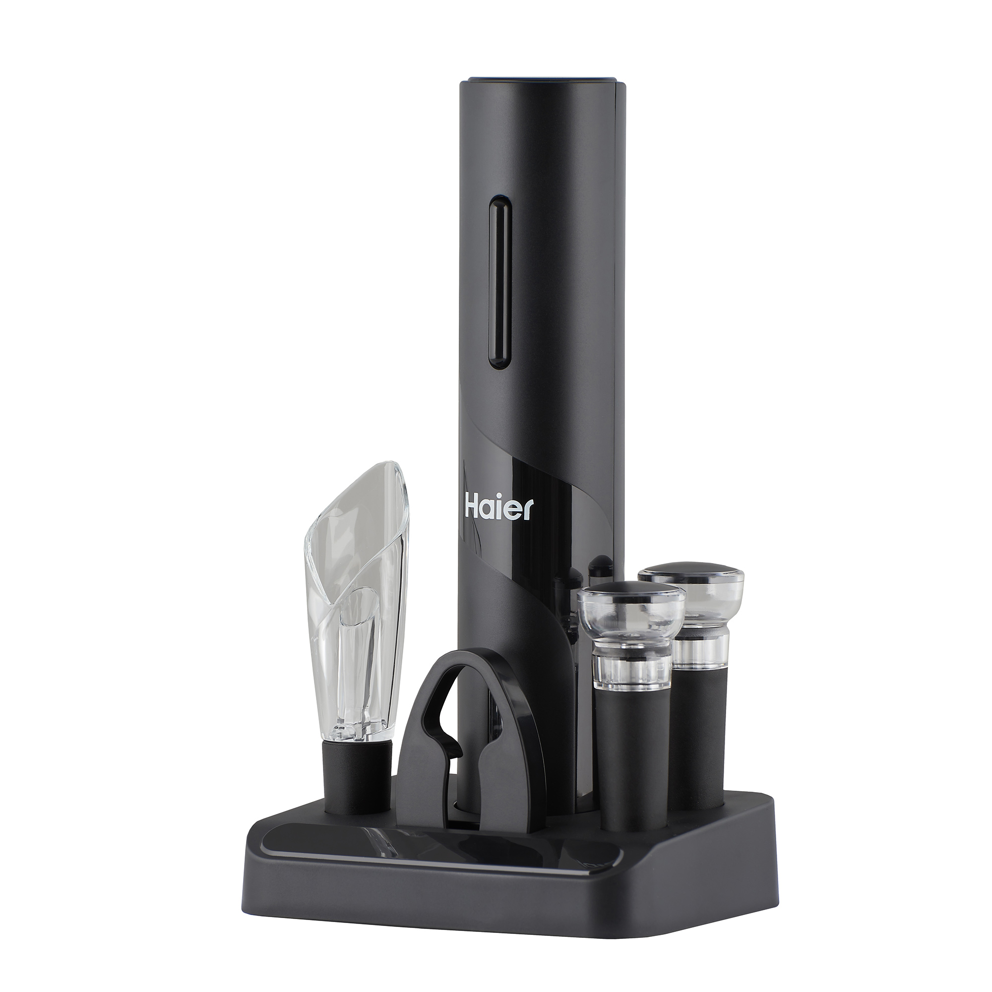 Schwarzes Haier-Weinöffner-Set mit Zubehör auf einem Ständer. Enthält Belüfter und Stopfen.