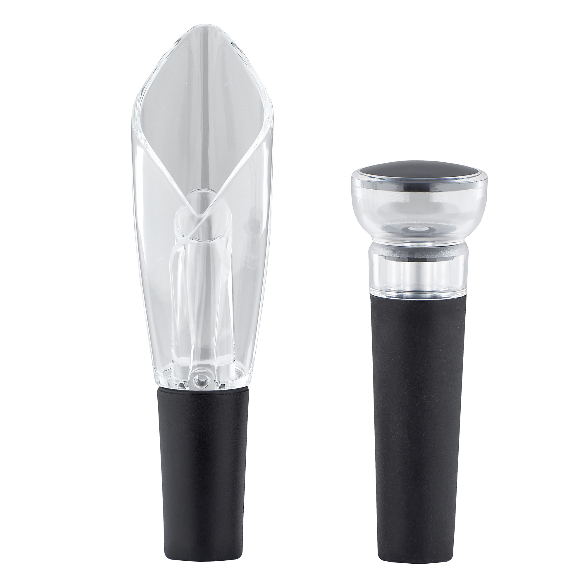 Zwei Weinaccessoires: ein Belüfter und ein Stopper. Belüfter ist klar und Stopper schwarz.
