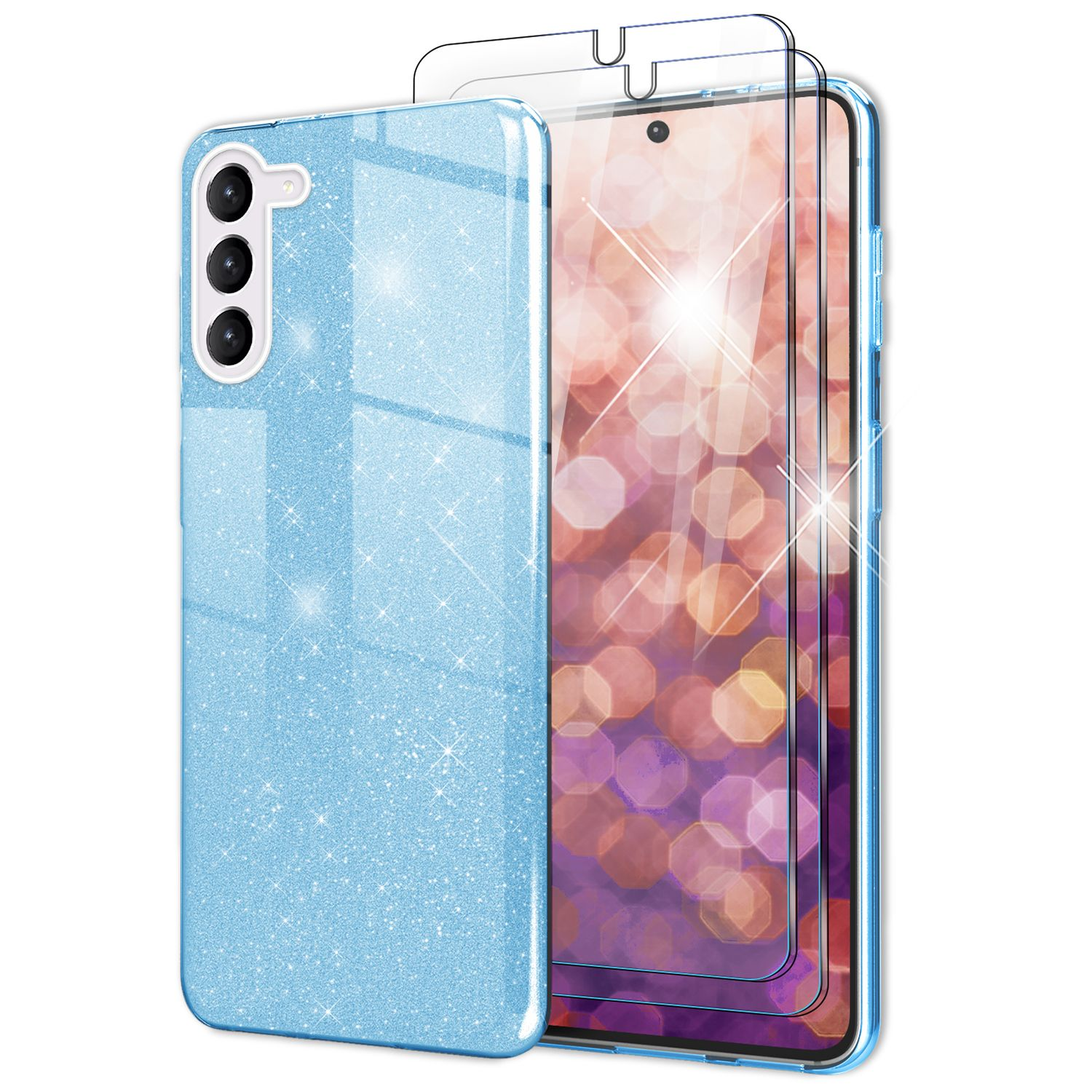 NALIA Glitzer Galaxy Blau Plus, Silikon Backcover, Displayschutz, mit Samsung, 2x S23 Hülle