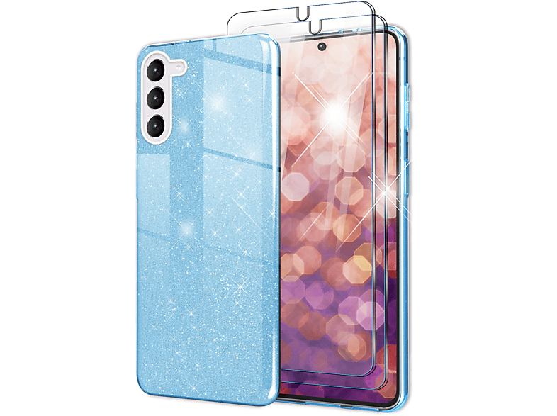 NALIA Glitzer Galaxy Blau Plus, Silikon Backcover, Displayschutz, mit Samsung, 2x S23 Hülle