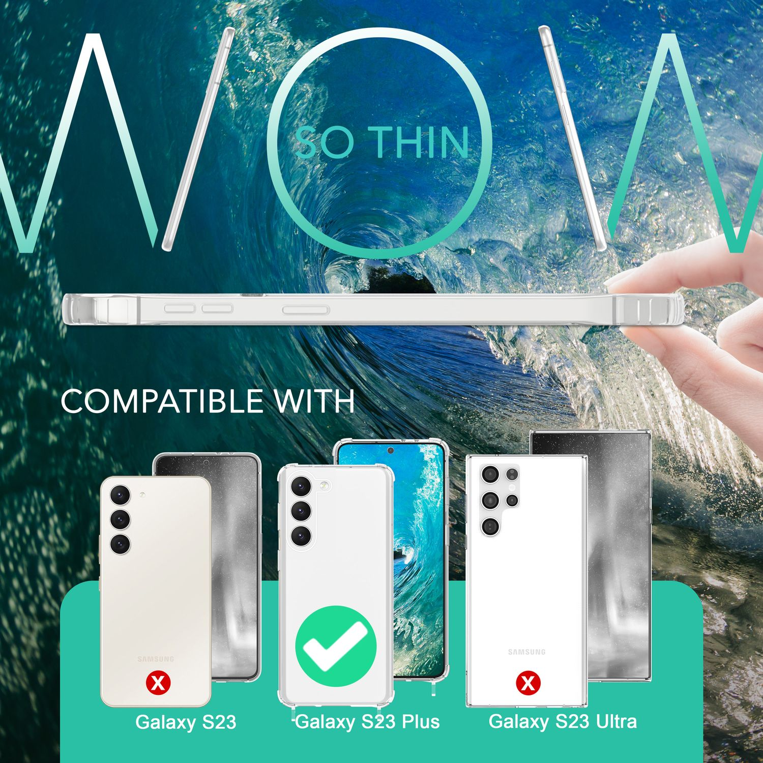 Transparente Handyhülle, kompatibel mit Galaxy S23 Plus. Andere Telefone als inkompatibel angezeigt.