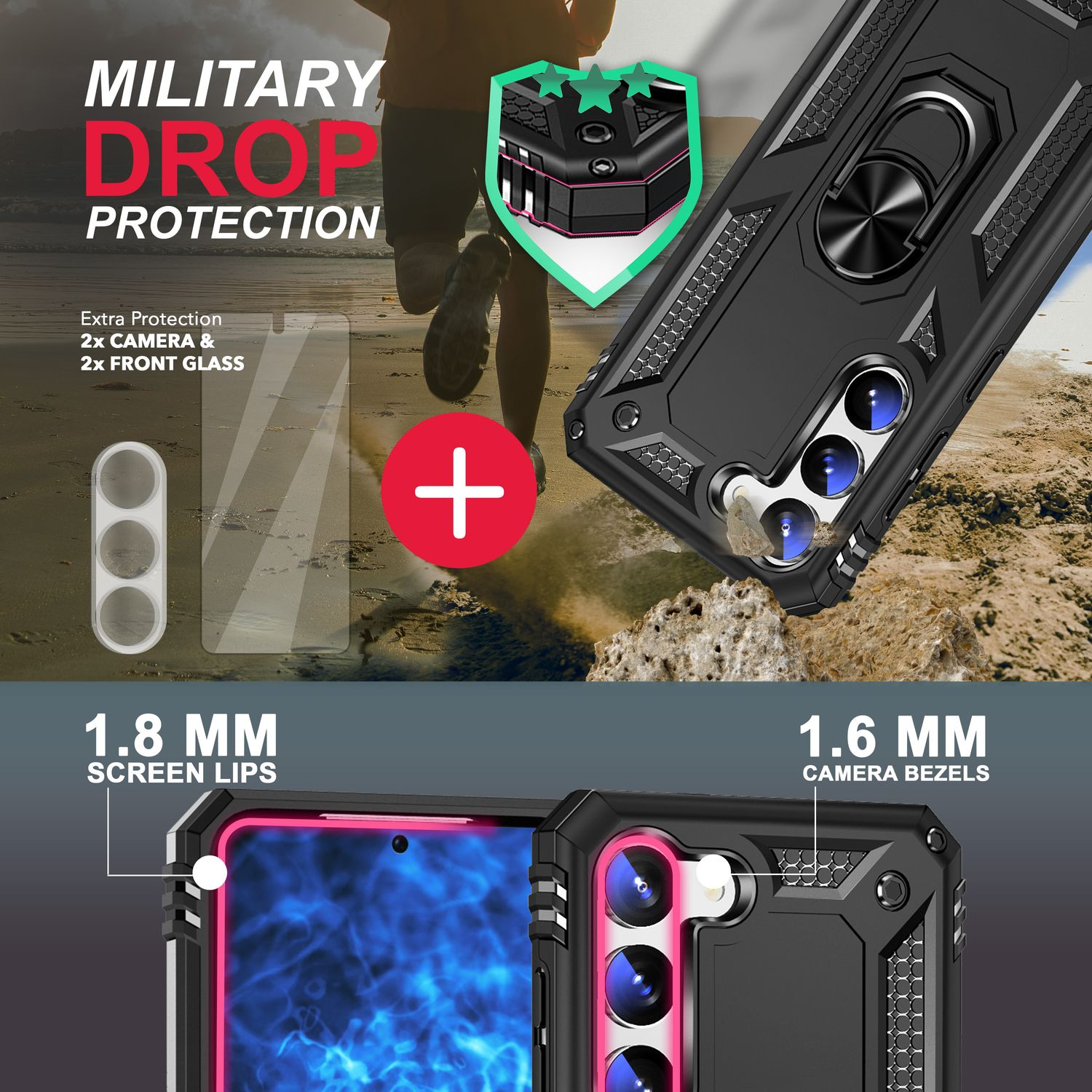 & Hülle Samsung, Schwarz S23 Kameraschutz, Backcover, mit Galaxy 2x Display- Ring NALIA Plus, Military-Style