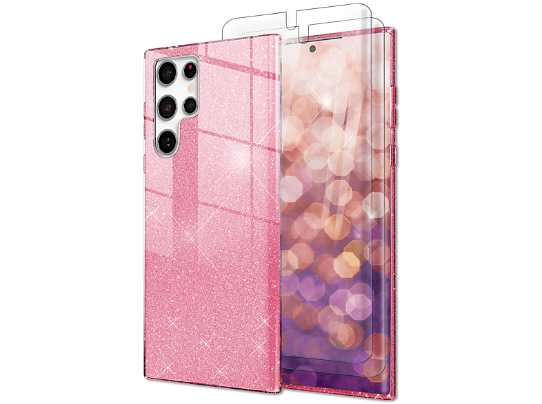 NALIA Glitzer Galaxy Ultra, mit Samsung, S23 Pink 2x Backcover, Hülle Displayschutz, Silikon