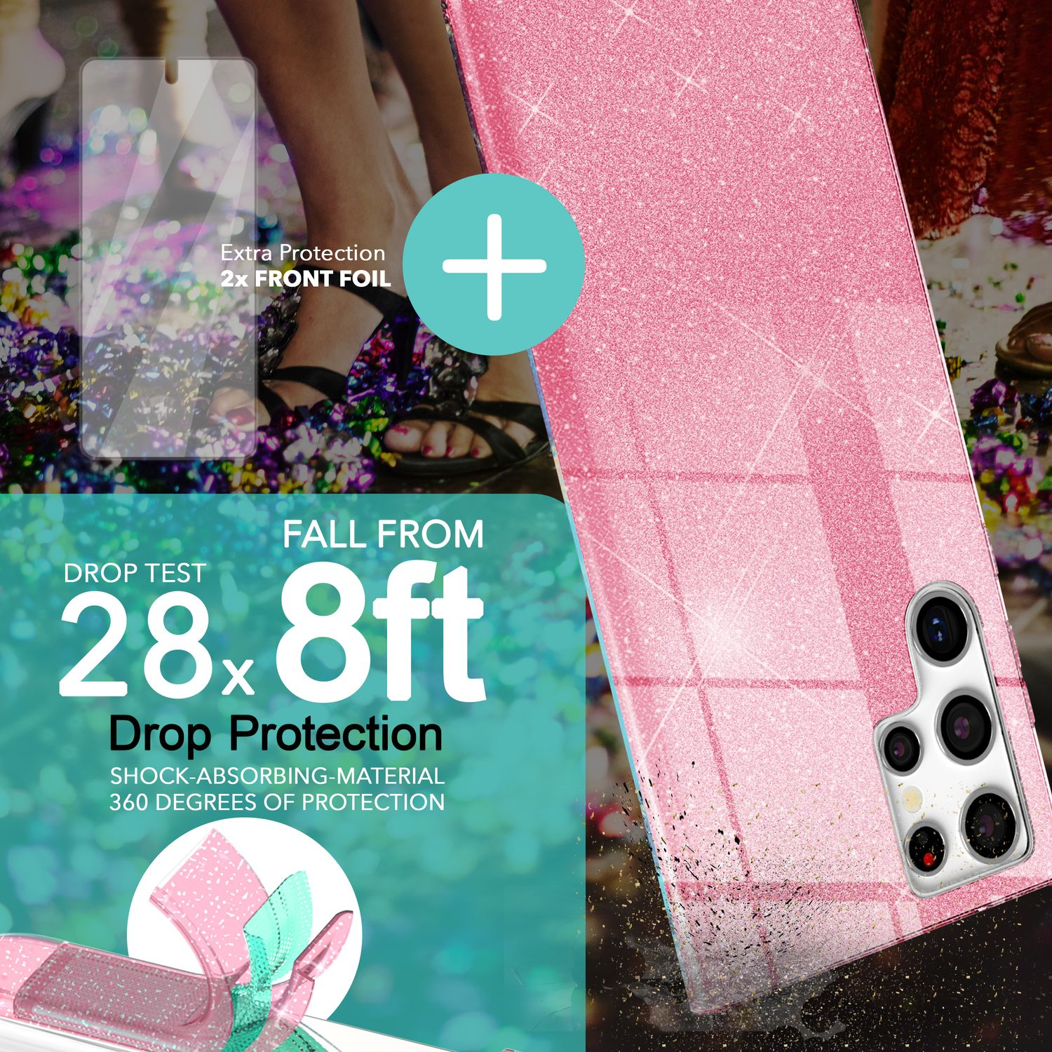 Eine pinkfarbene Glitzer-Tablethülle mit Displayschutzfolie und Informationen zum Fallschutz.