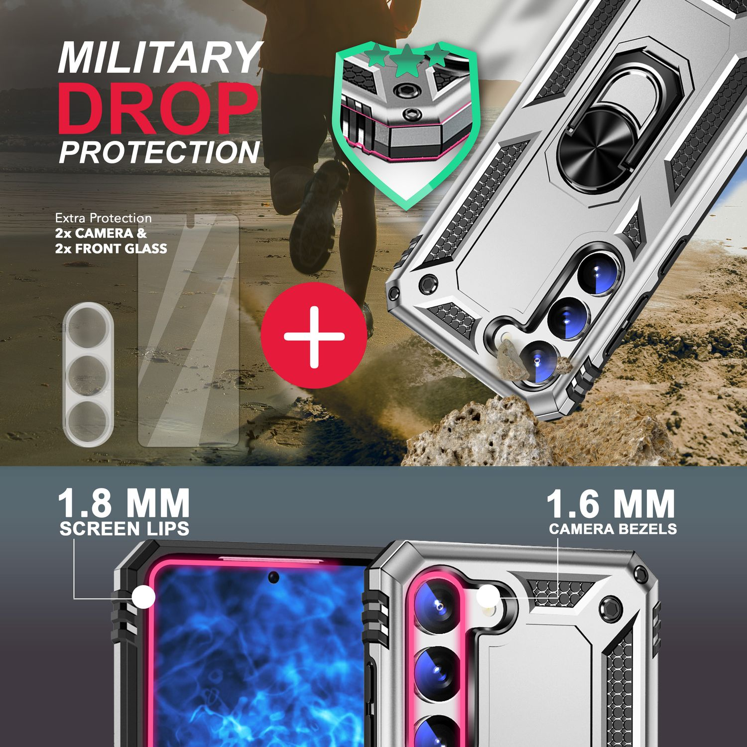 Silber Hülle NALIA 2x mit Samsung, S23, Ring & Kameraschutz, Display- Backcover, Galaxy Military-Style