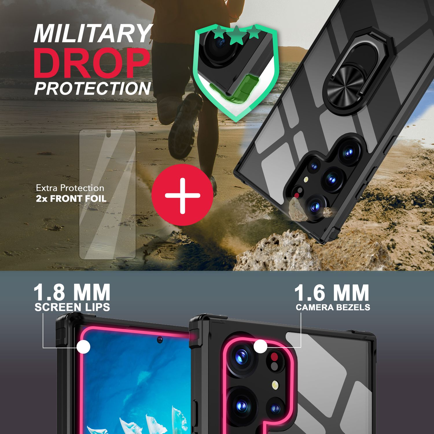 Handyhülle mit Funktionen: militärischer Fallschutz, Bildschirmränder, Kameraränder. Plus eine Frontfolie.
