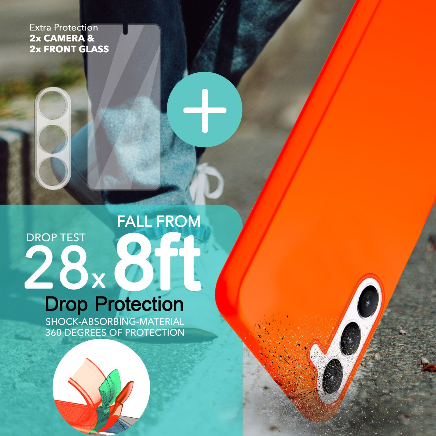 Eine orangefarbene Handyhülle mit Displayschutz, Pluszeichen und Details zum Fallschutz.