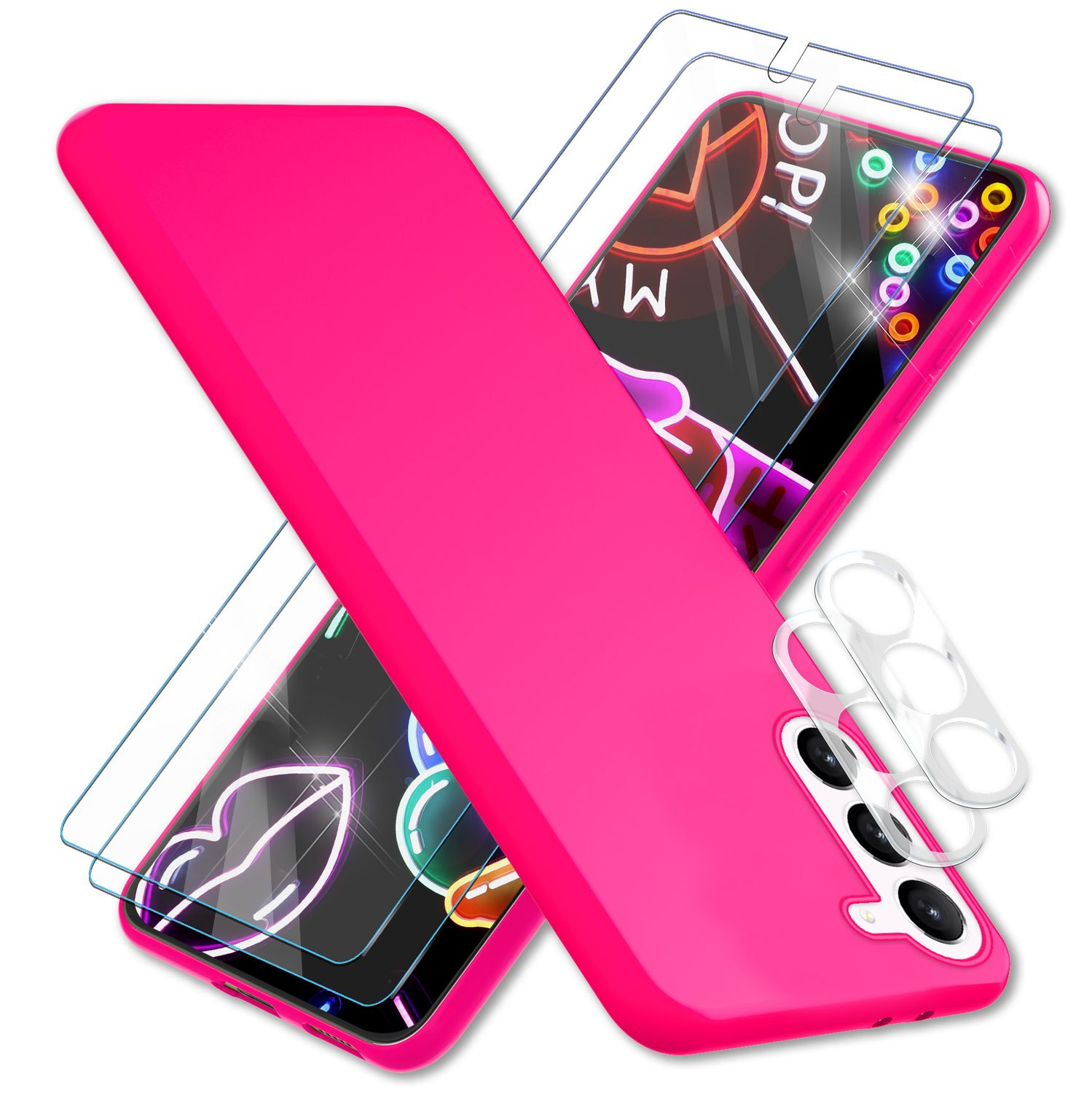 NALIA Neon Silikon Plus, Display- Pink mit Hülle Samsung, Kameraschutz, 2x Galaxy S23 Backcover, 