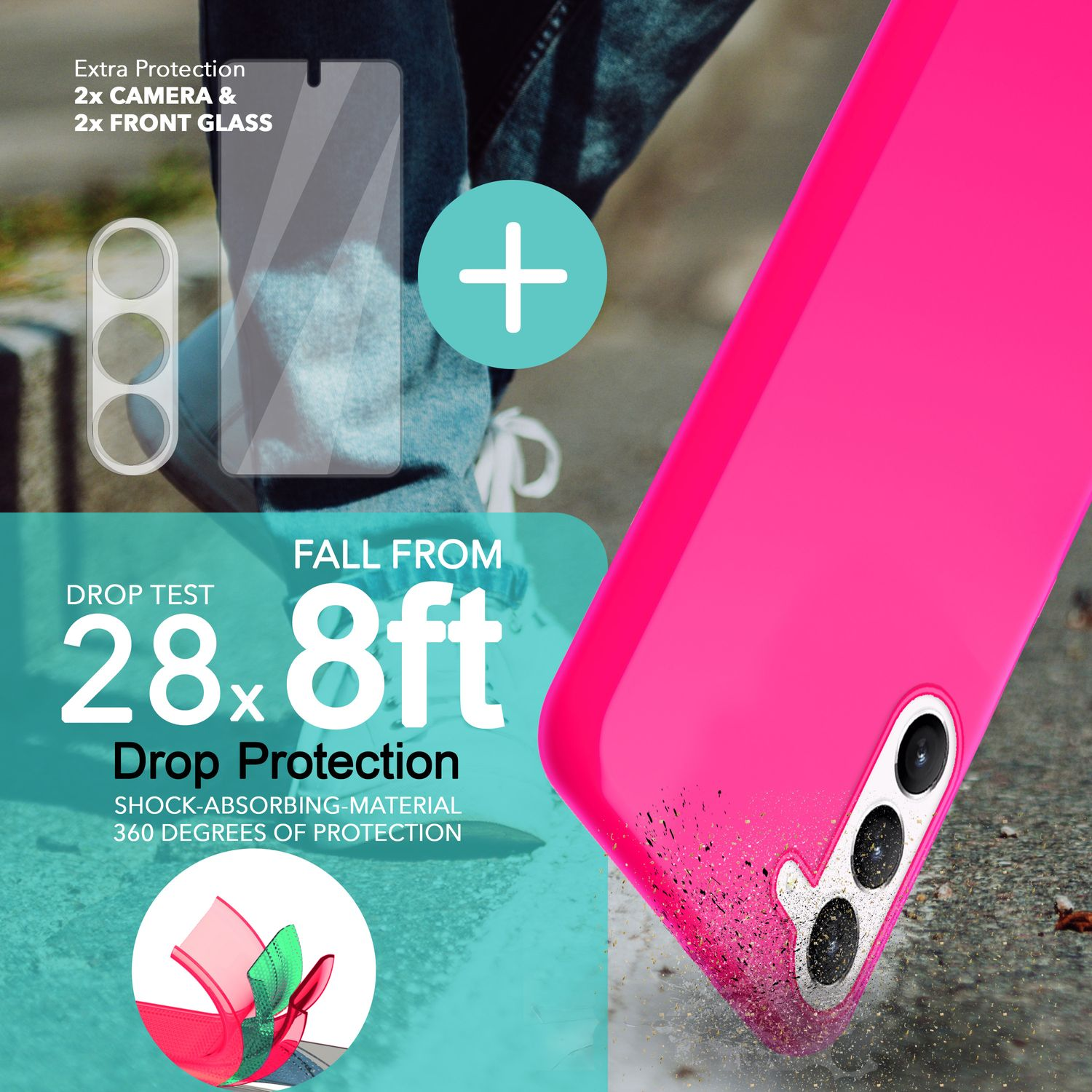 NALIA Neon Silikon Hülle & Display- Plus, 2x Backcover, Samsung, Pink S23 Galaxy Kameraschutz, mit