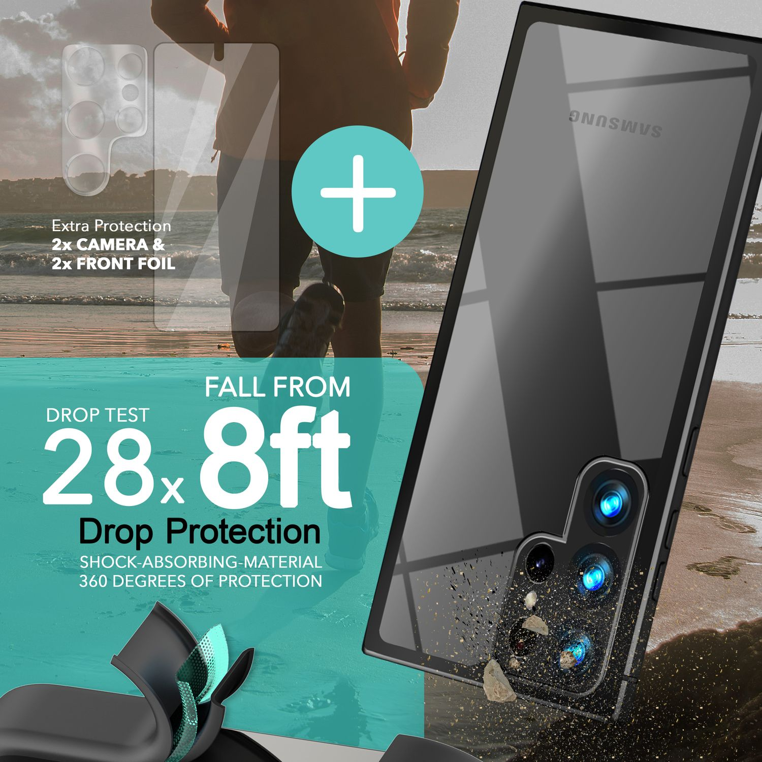 Telefon mit Schutzhülle, Strandhintergrund. Text sagt '28.8ft Drop Protection' und 'Extra Protection'.