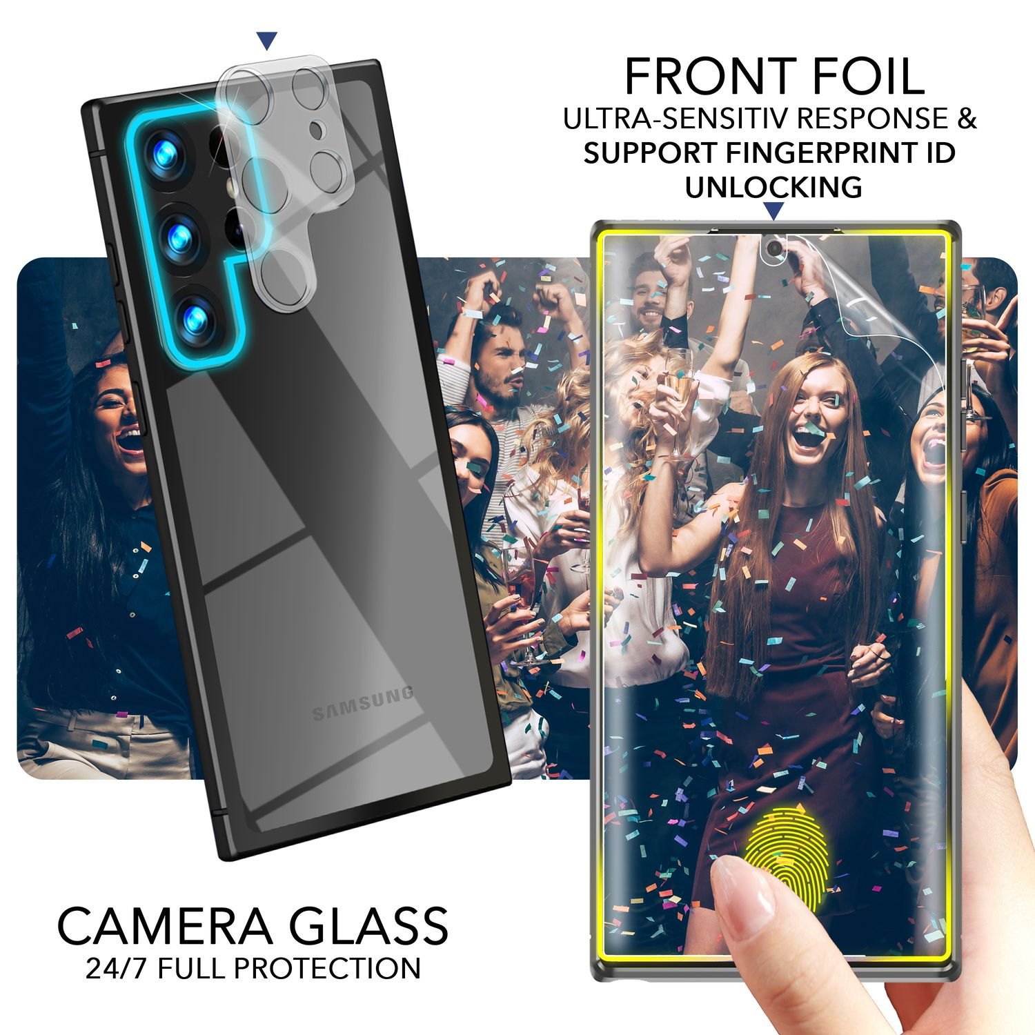 Telefon mit transparenter Hülle mit Frontfolie, in der Hand gehalten. Personen im Hintergrund.
