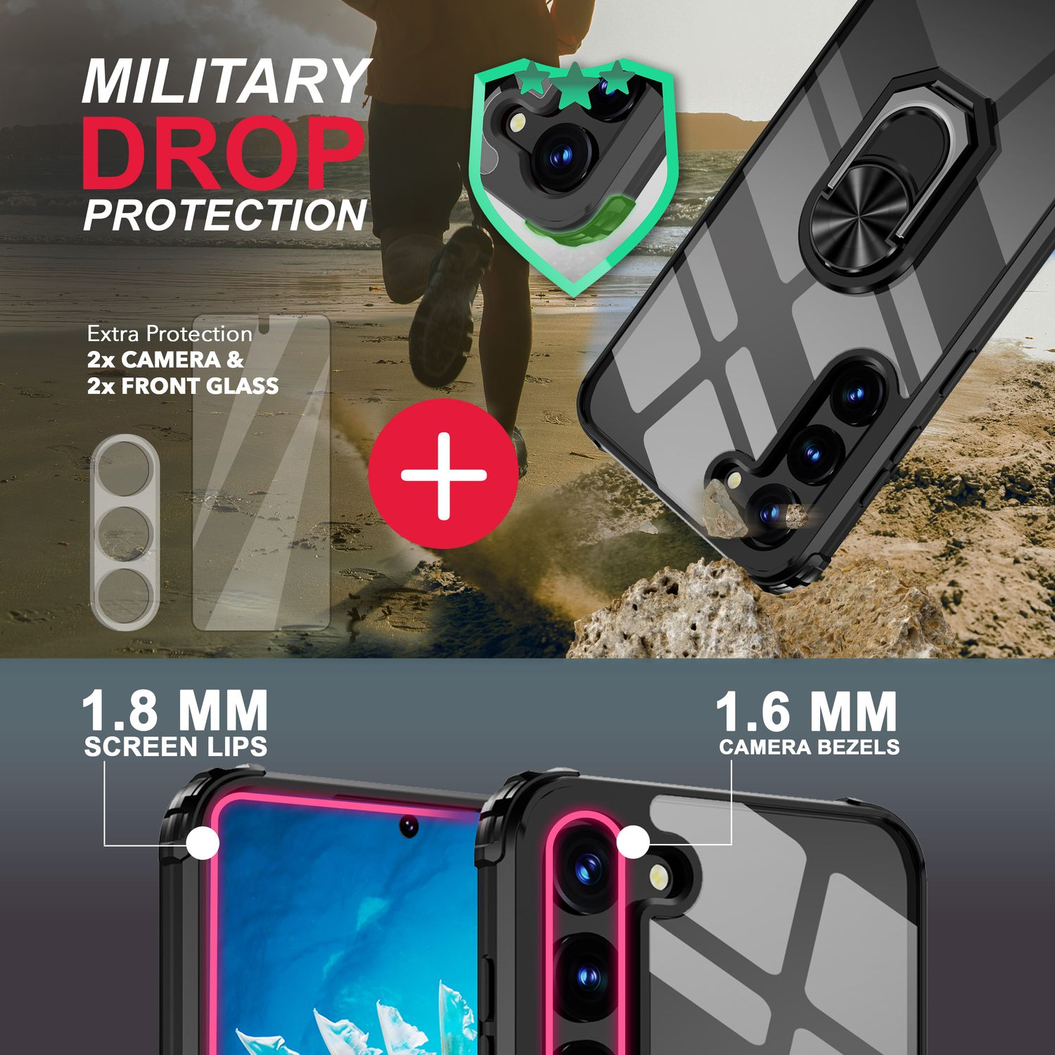 Klare Kameraschutz, Galaxy & Display- 2x mit Transparent Hülle Samsung, S23, NALIA Ring Hybrid Backcover,
