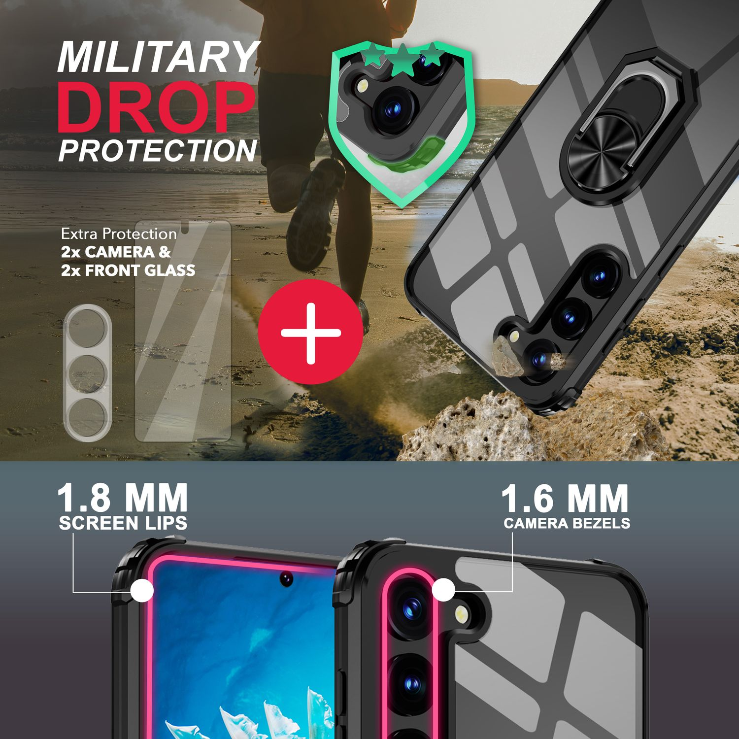 Das Bild bewirbt eine Handyhülle mit militärischem Fallschutz. Zu den Merkmalen gehören Bildschirmränder, Kamerablenden und zusätzlicher Schutz für Kamera und Frontglas.