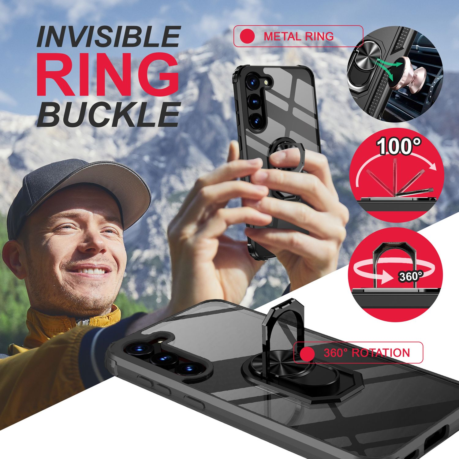 Ein Mann hält ein Telefon mit einer Ring-Schnallen-Hülle. Der Text lautet 'INVISIBLE RING BUCKLE'. Diagramme zeigen Dreh- und Winkelfunktionen.