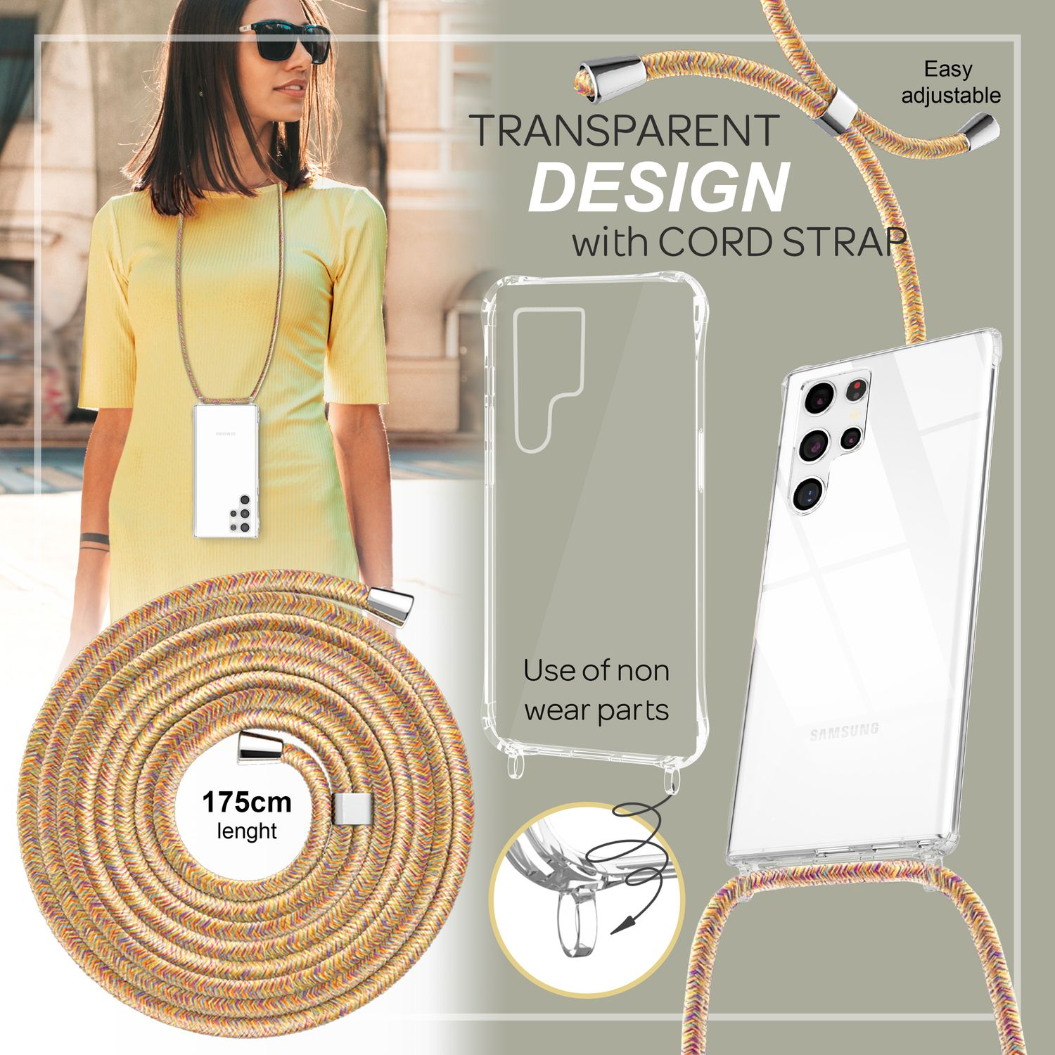 Eine Frau trägt ein gelbes Kleid. Ein Telefon mit Kordel hängt um ihren Hals. Mehrere Accessoires.
