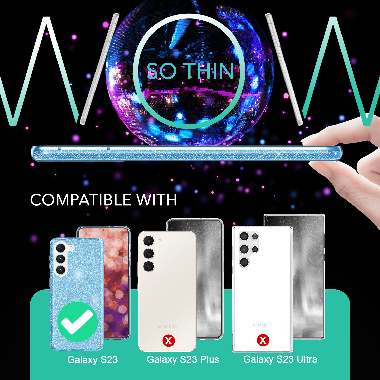 Blaues Glitzer-Handycase mit Galaxy S23. Galaxy S23 Plus und S23 Ultra sind durchgestrichen.