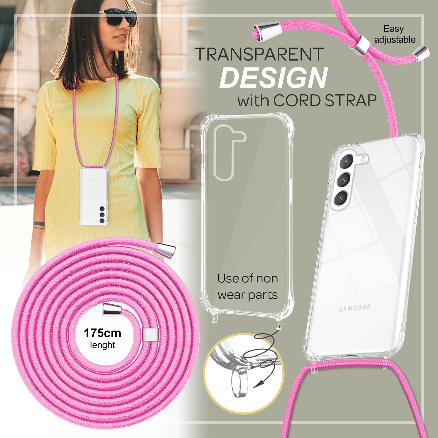Eine Frau in einem gelben Kleid hält ein Telefon mit einem rosa Kordelriemen. Text: 'Transparentes Design mit Kordelriemen' und 'Einfach verstellbar'.