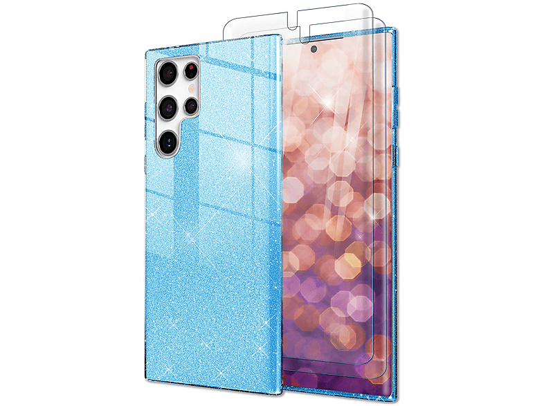 mit Hülle Ultra, Samsung, Displayschutz, S23 Blau Galaxy NALIA Backcover, Glitzer 2x Silikon