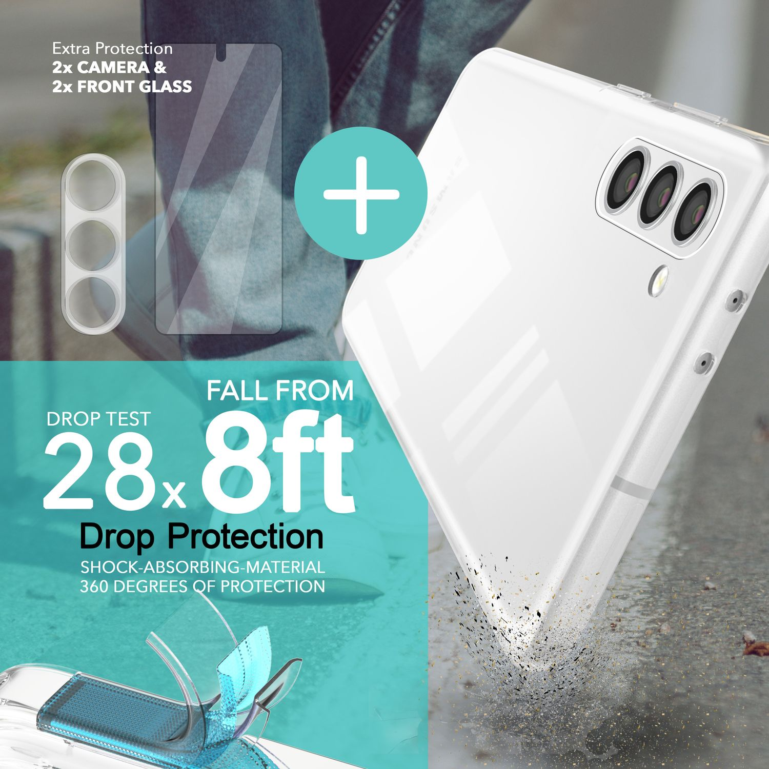 Funda blanca para teléfono cayendo, protección contra caídas de 28,8 pies, con protectores.