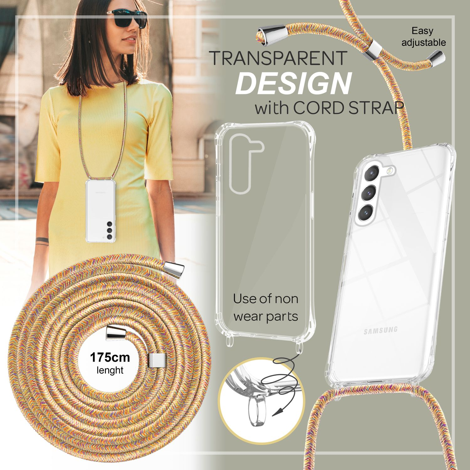 Eine Frau in gelbem Kleid mit Telefon an Kordel. Transparente Handyhülle und Kordelriemen sind abgebildet.