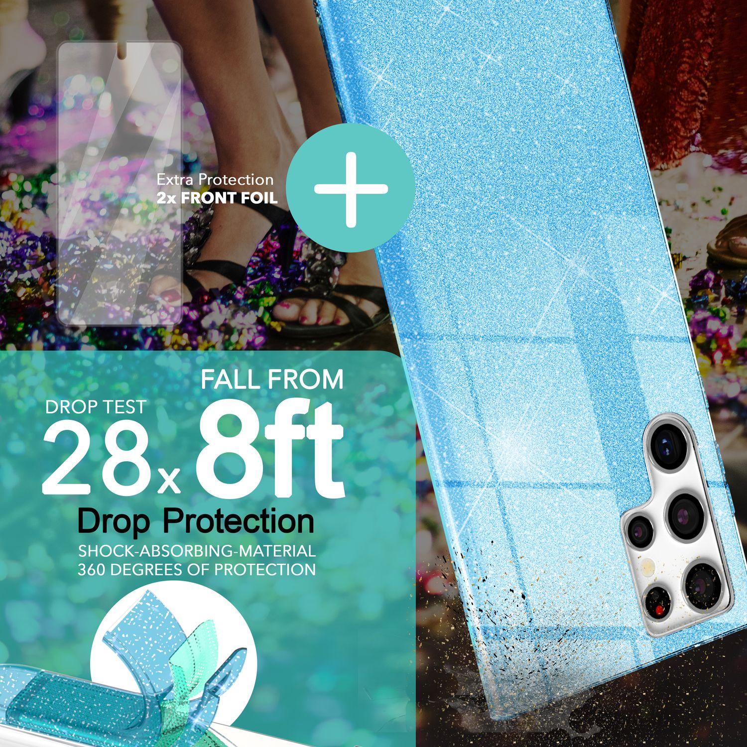 Blaue Handyhülle mit Text und Details zum Fallschutz.