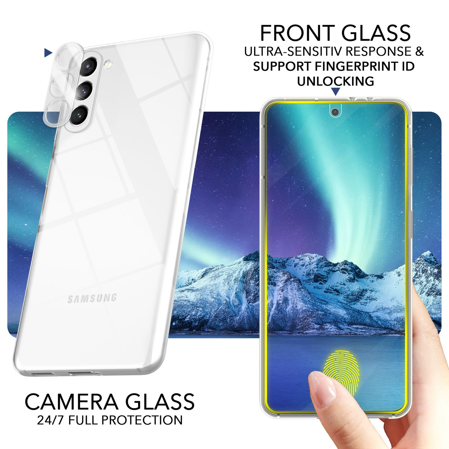 Una funda transparente y un teléfono con huella dactilar en la pantalla, con un fondo escénico.